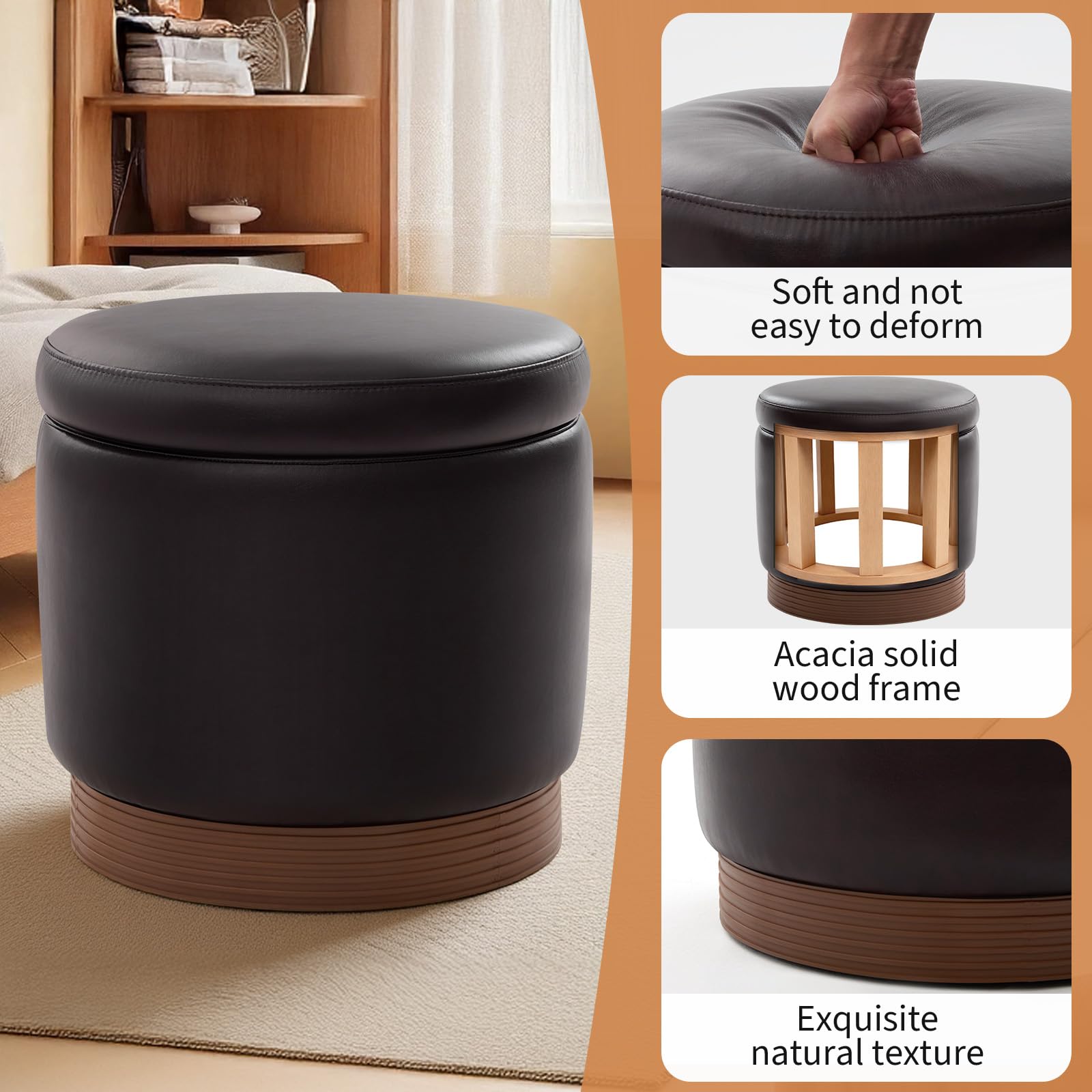 Round Storage Ottoman Dark Brown Swivel Footstool