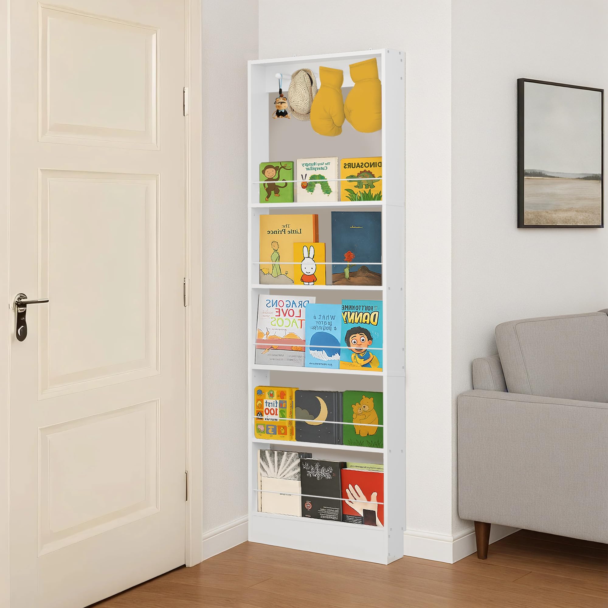 Wall-Mounted 5-Tier Bookshelf with Hooks