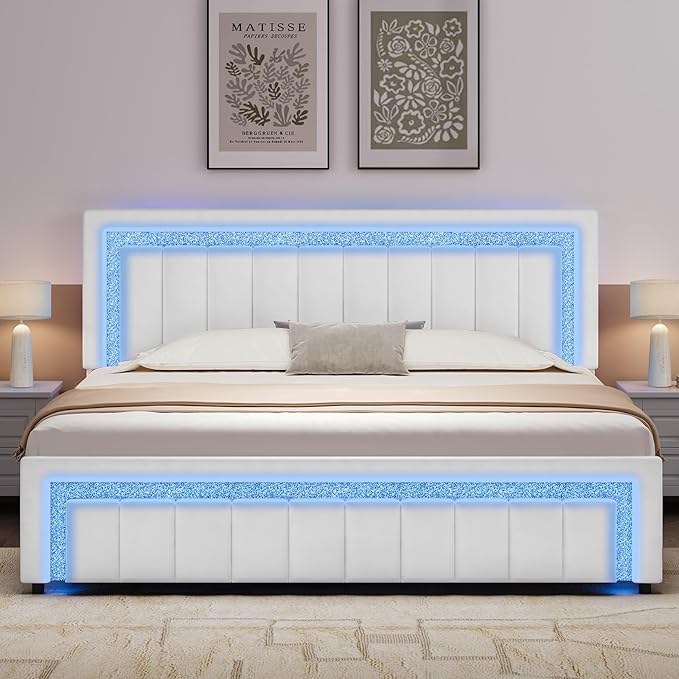 Queen LED Bed Frame with Diamond Tufted Headboard