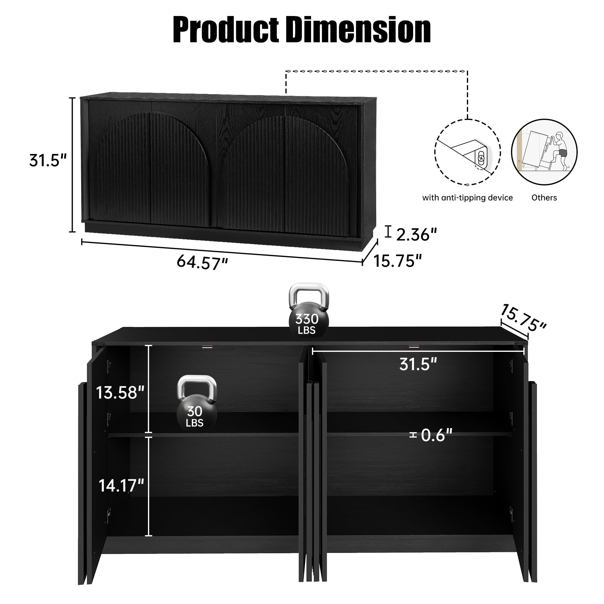 65" Sideboard Buffet Cabinet with Adjustable Shelves