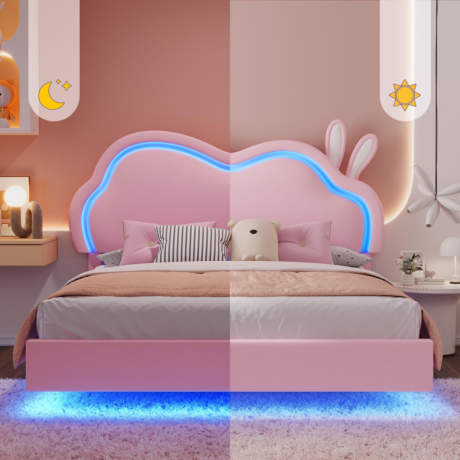 Queen Pink Upholstered Platform Bed with LED Lights