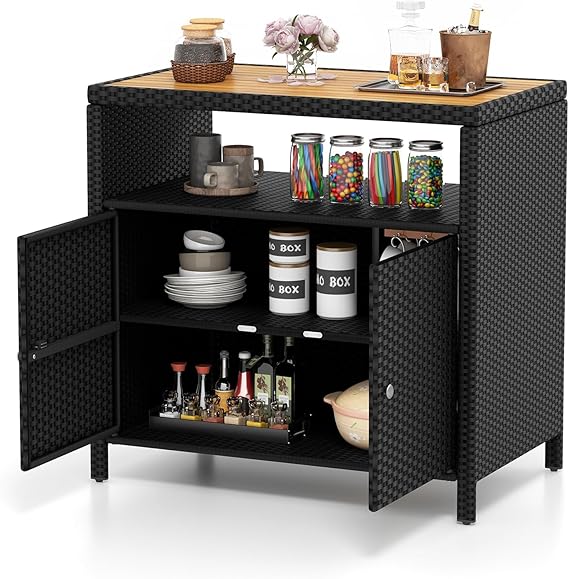 Rattan Outdoor Storage Cabinet with Acacia Wood Countertop
