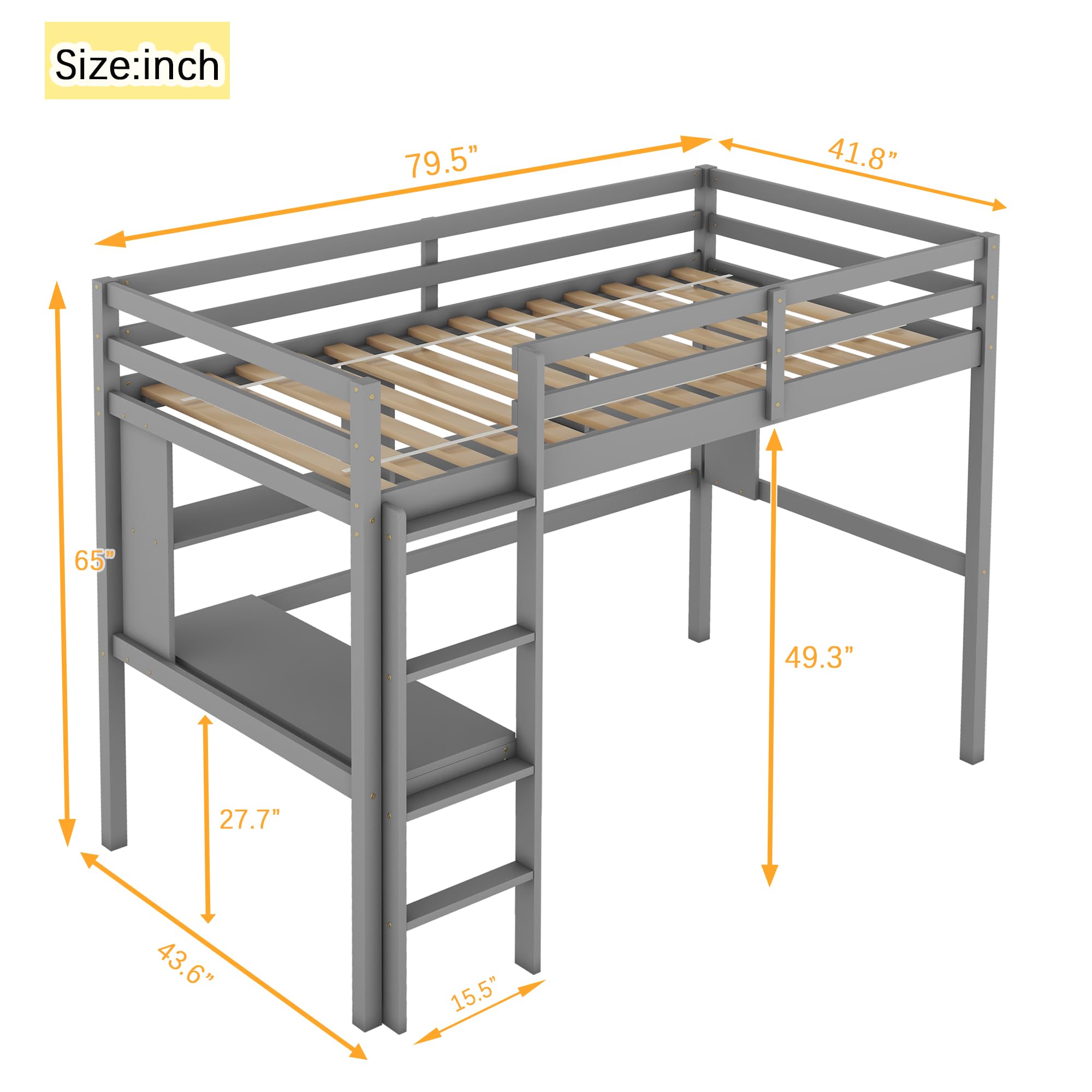 Twin Size Loft Bed with Shelves and Desk