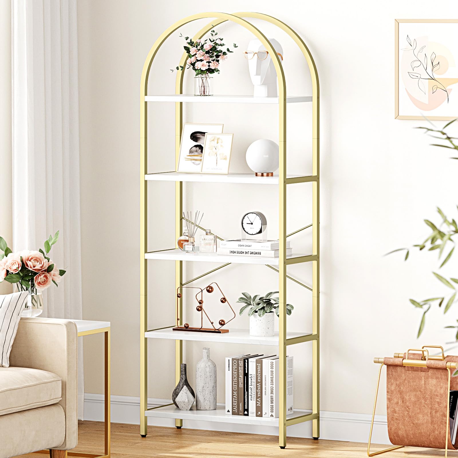 5-Tier Arched Bookshelf White Gold