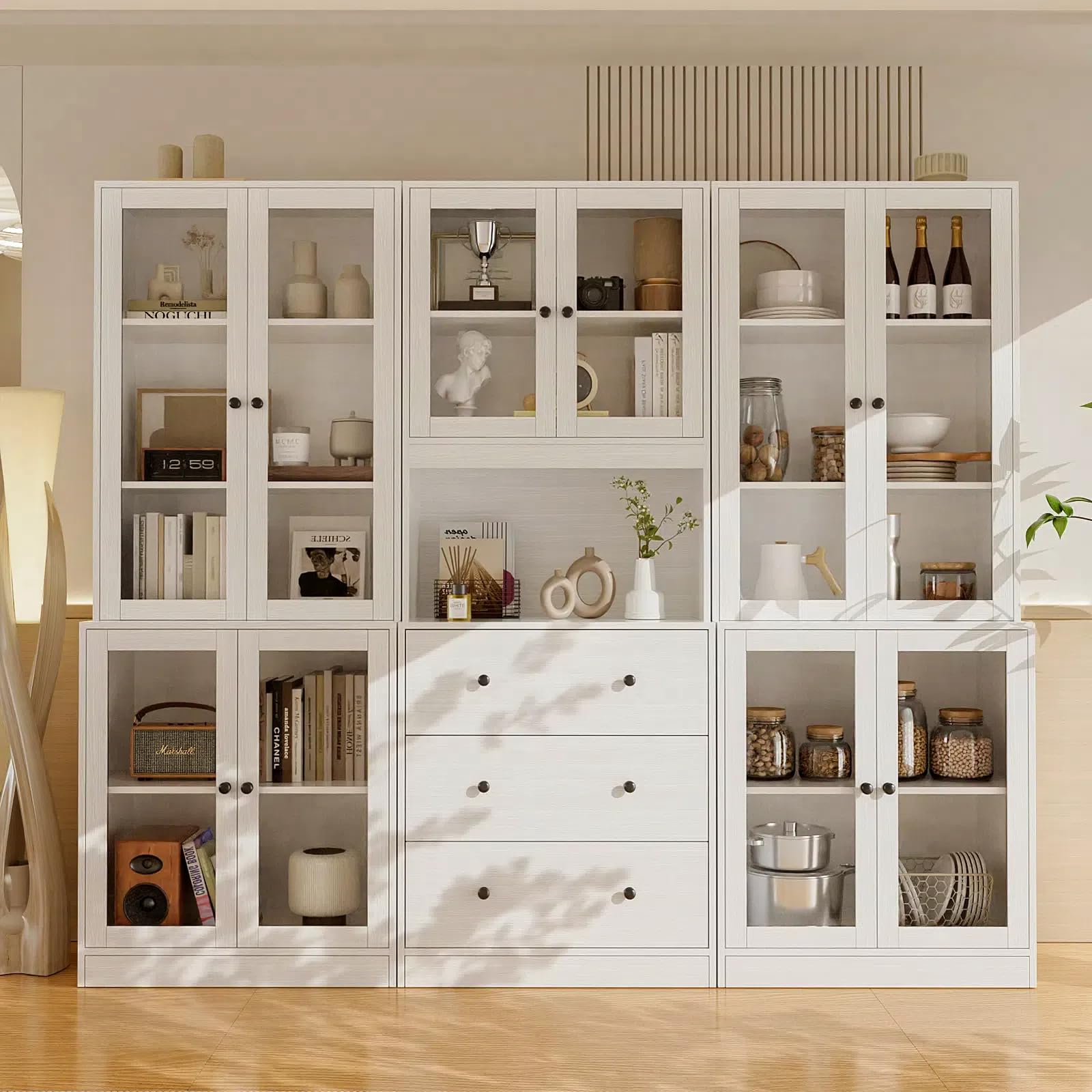 71'' H Pantry Cabinet with Glass Doors - 5-Tier Kitchen Storage Hutch Set