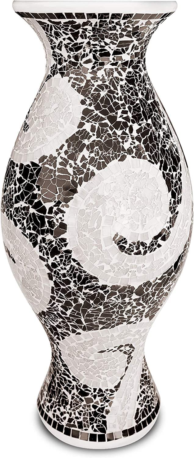 18 Inch Mosaic Floor Vase - Black and White Terracotta Cylinder