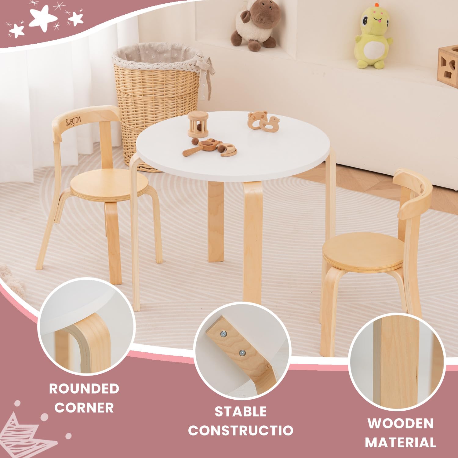 Swegrow Kids Table and 2 Chairs Set, Wooden Table and Chairs for Kids & Toddler，Kid Wooden Furniture for Playroom/Home/Kindergarten