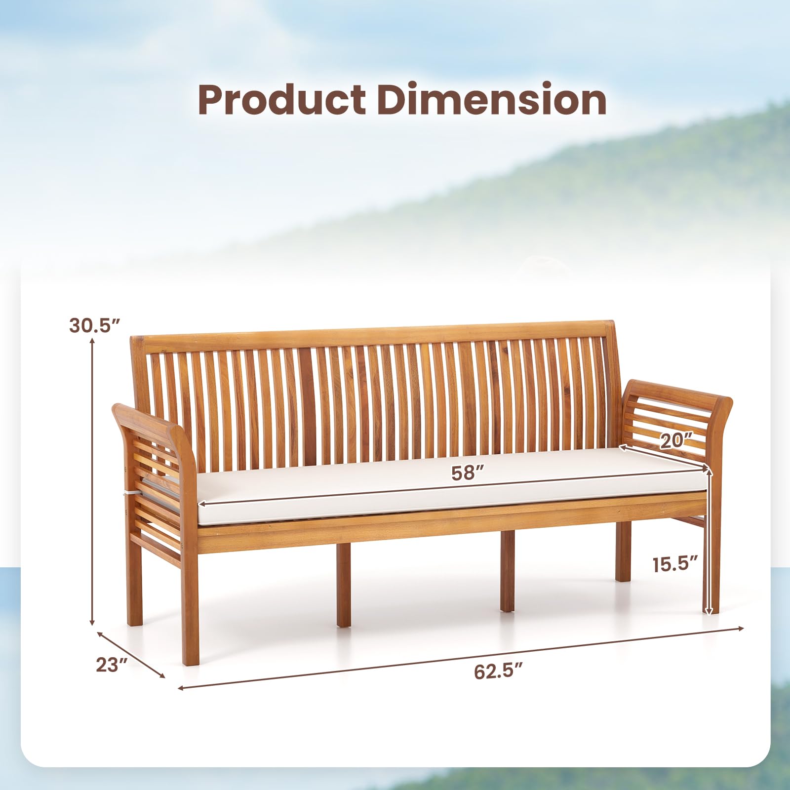 3-Person Acacia Wood Outdoor Bench with Cushion