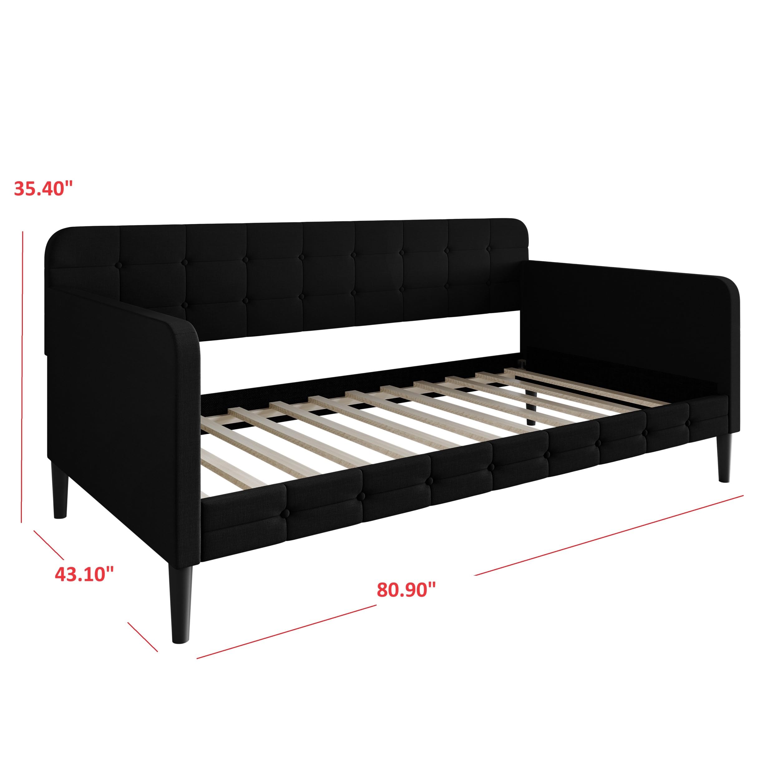 Fallon Linen Upholstered Button Tufted Daybed with Square Recessed Arms - Black