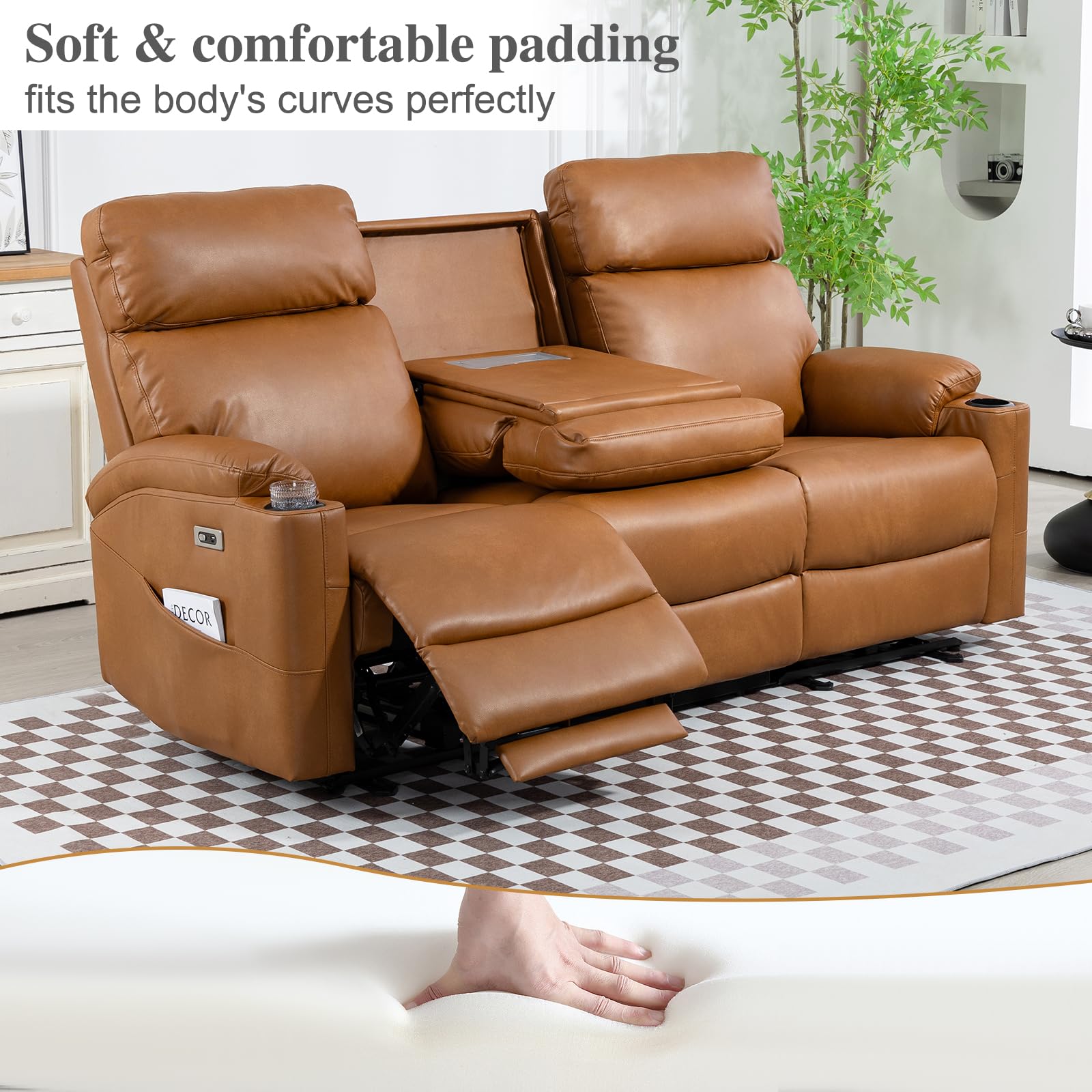 B BAIJIAWEI Power Reclining Sofa - 3 Seater Recliner Sofás, PU Leather Sofa, Home Theater Seating with Flipped Middle Backrest, Power Recliner Couch for Living Room(Brown)