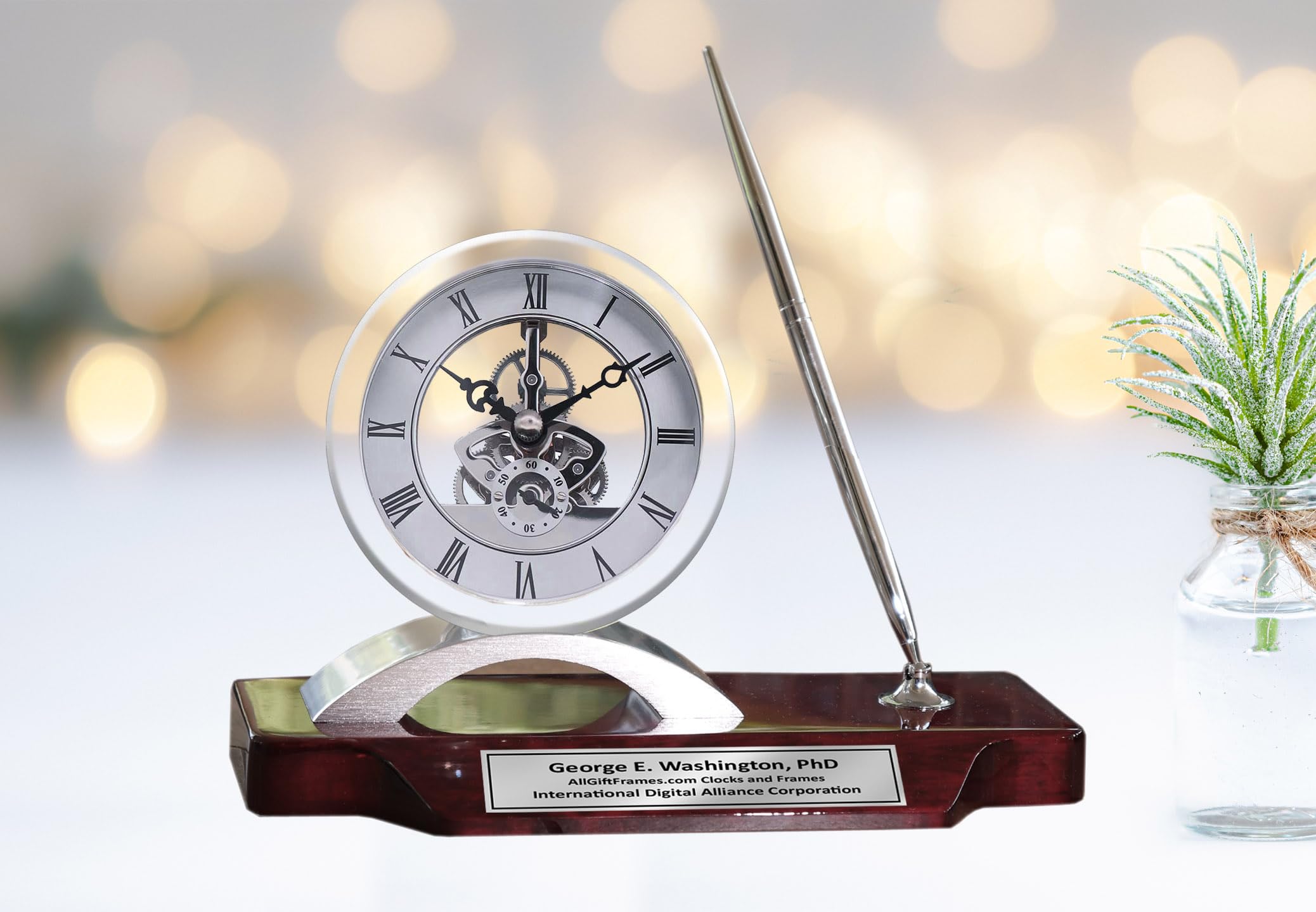 Desk Clock Pen Set with Gear Display and Wood Stand