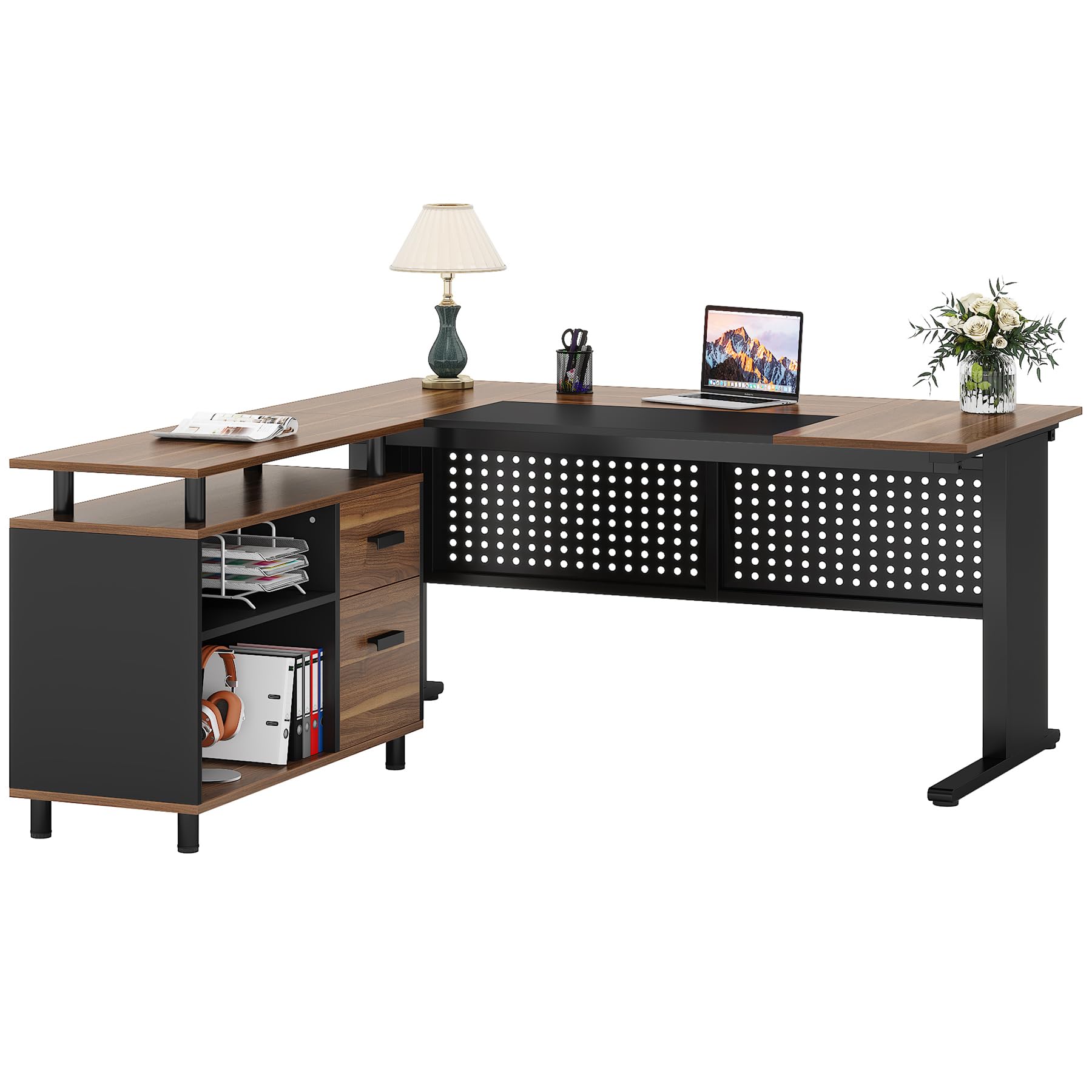 L-Shaped Executive Desk with File Cabinet