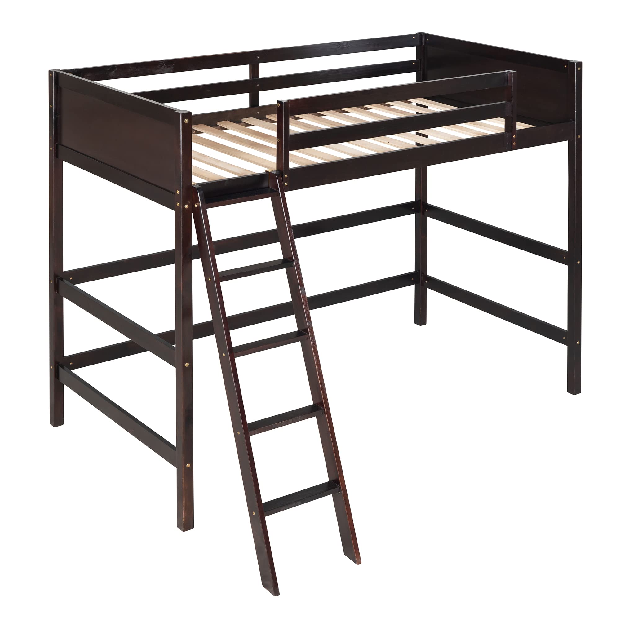 Twin Wood Loft Bed with Guardrail and Ladder