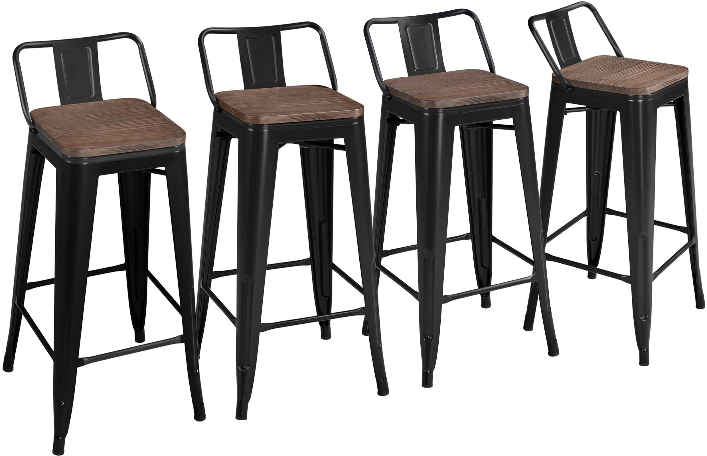30" Metal Bar Stools Set of 4 with Wooden Seat and Low Back