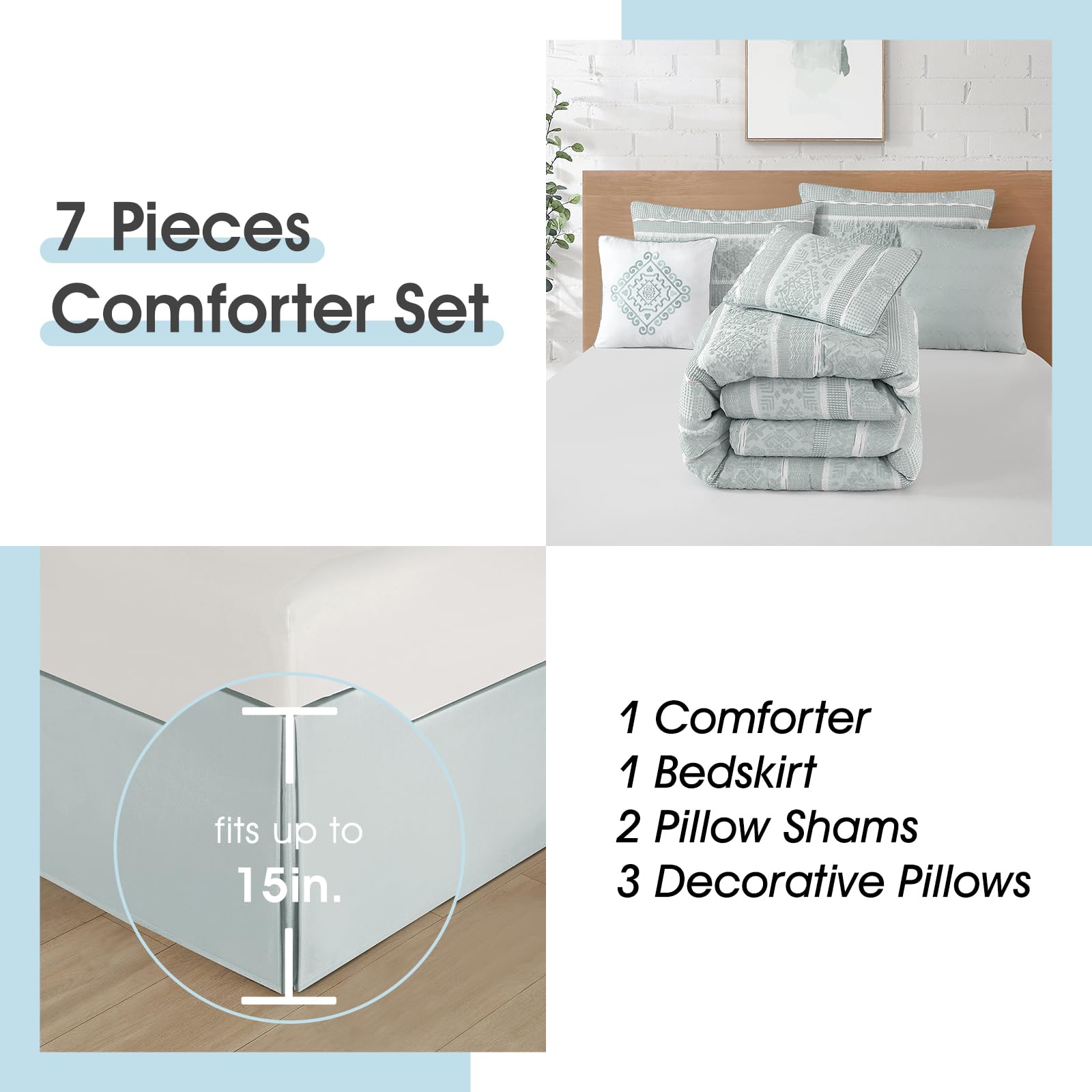 7 Piece Queen Comforter Set Dusty Green Jacquard Patchwork