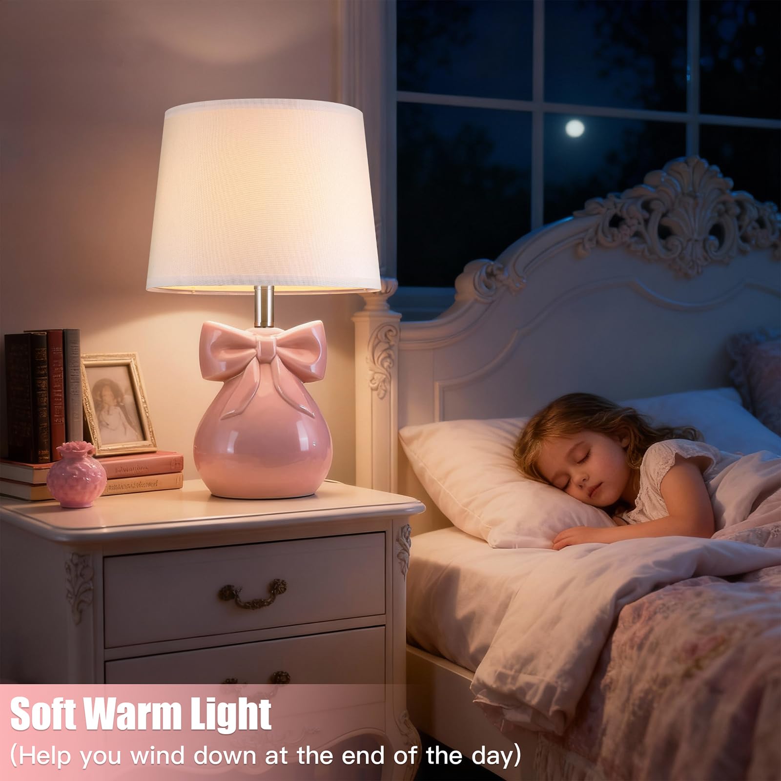 Pink Bow Ceramic Table Lamps Set of 2 - 19" Bedside Lamps with Bulbs