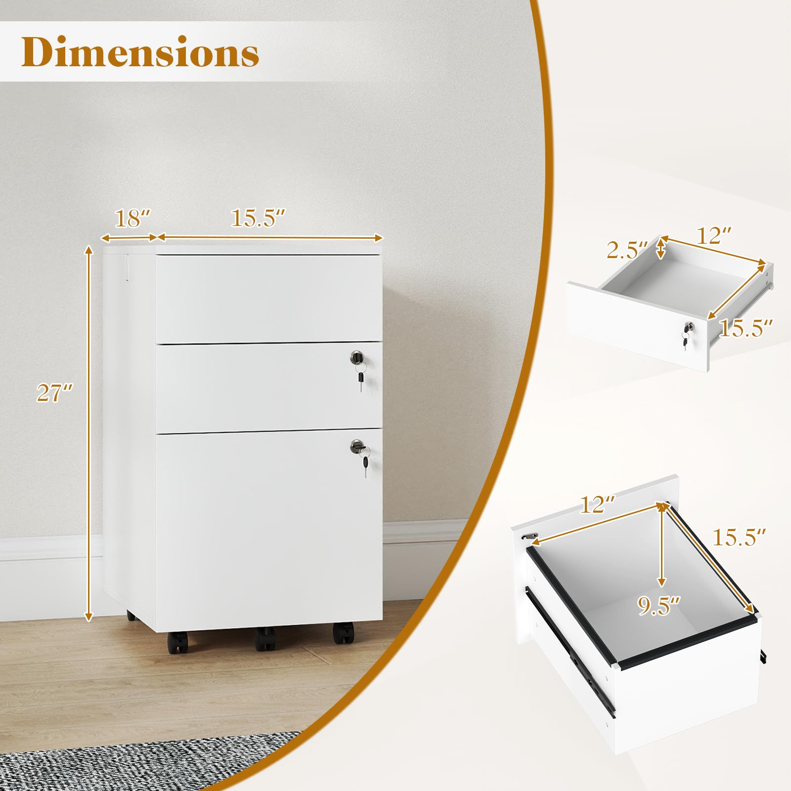 Mobile File Cabinet with 3 Drawers