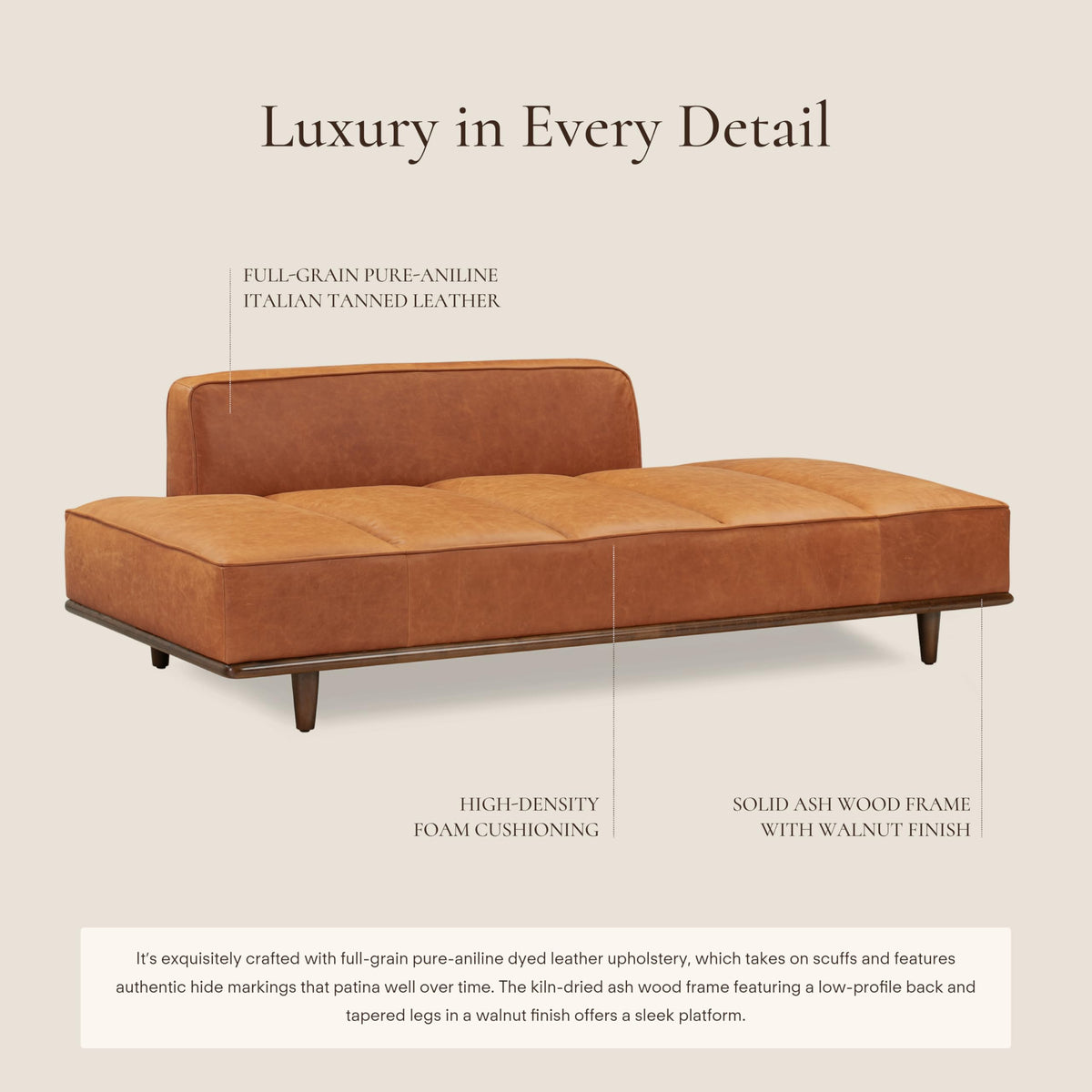 Jasper Daybed - Cognac Tan Leather with Walnut Ash Frame