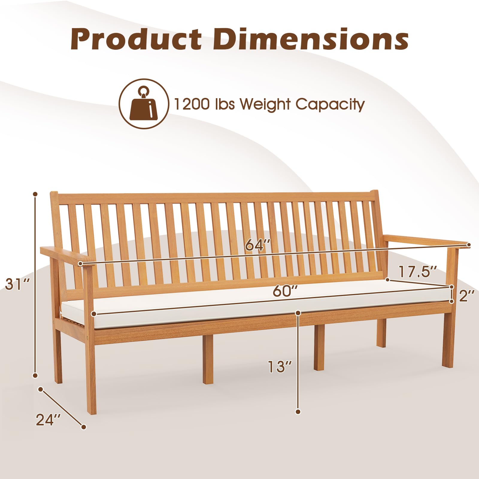 3-Person Acacia Wood Outdoor Bench with Cushion