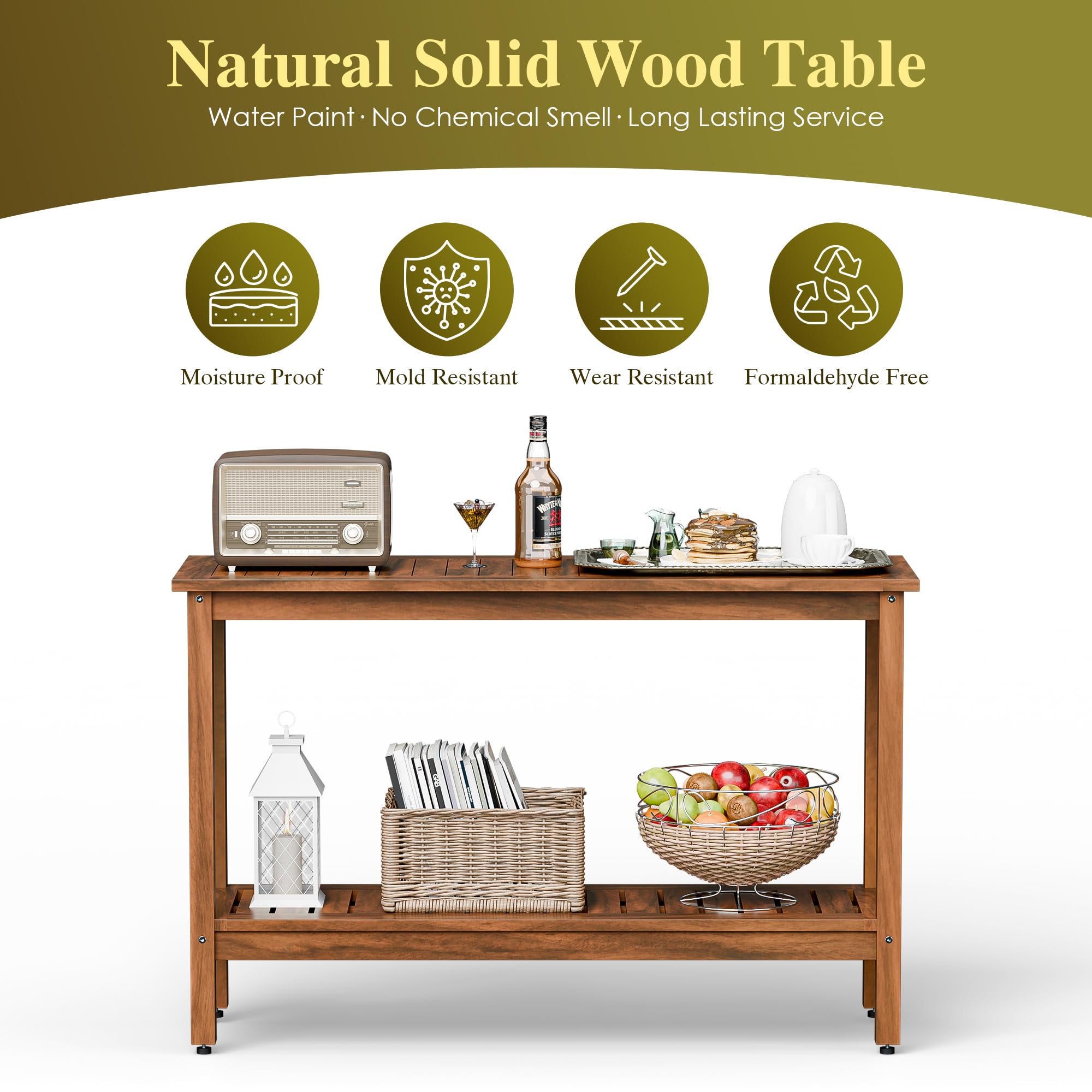 Outdoor Solid Wood Console Table 48" 2-Shelf Natural
