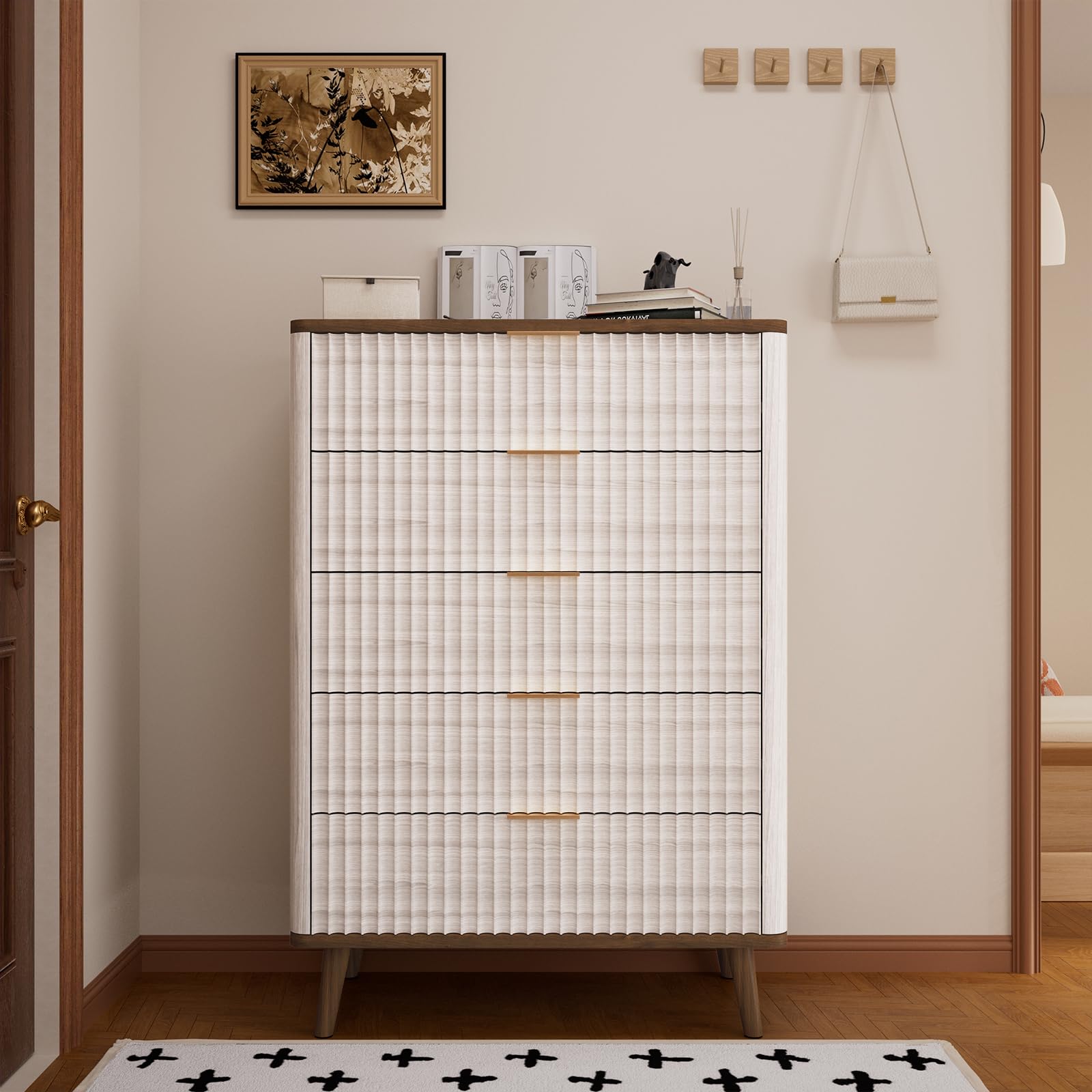 Fluted Wood 5 Drawer Dresser Tall Chest
