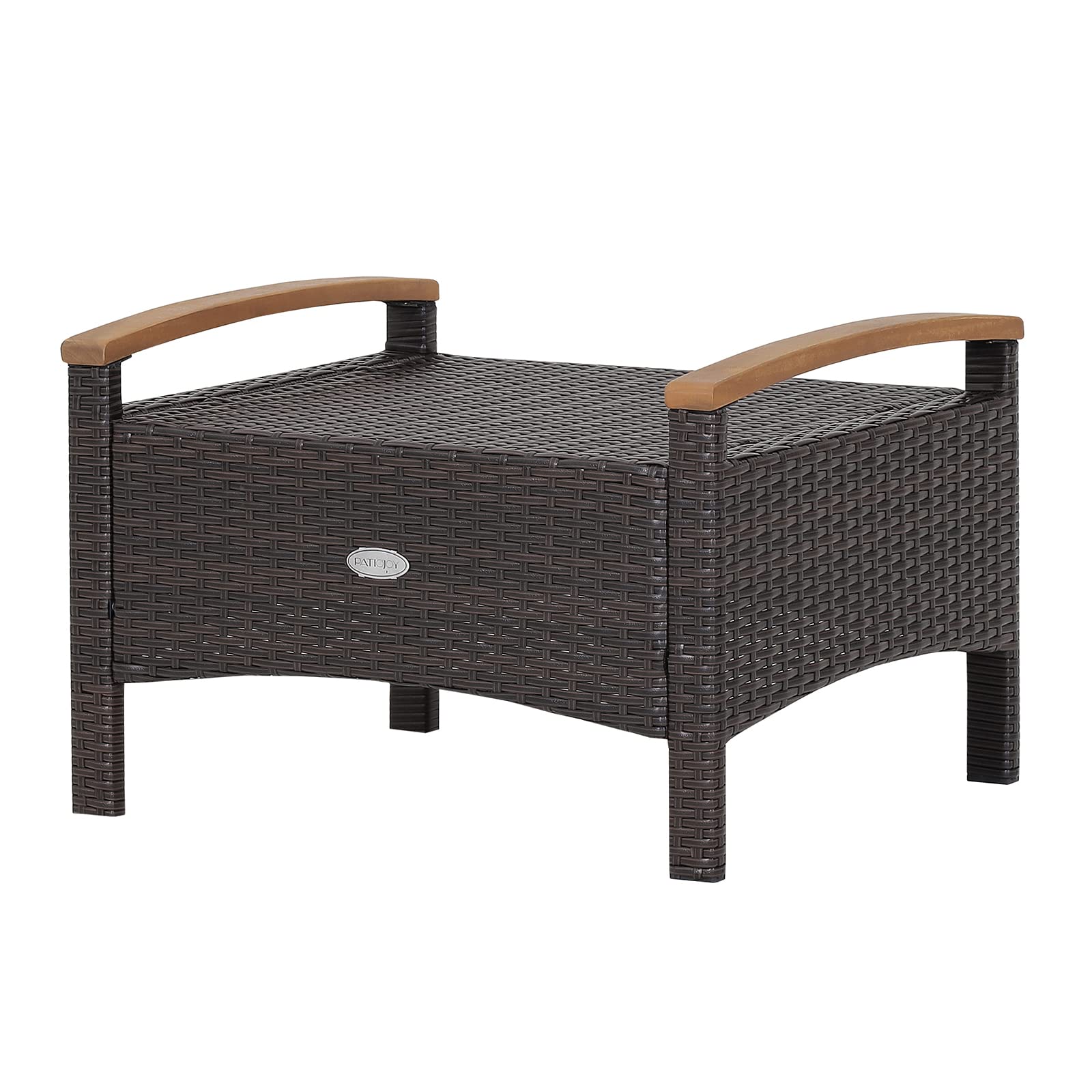 2 Piece Patio Rattan Ottomans with Acacia Wood Handles