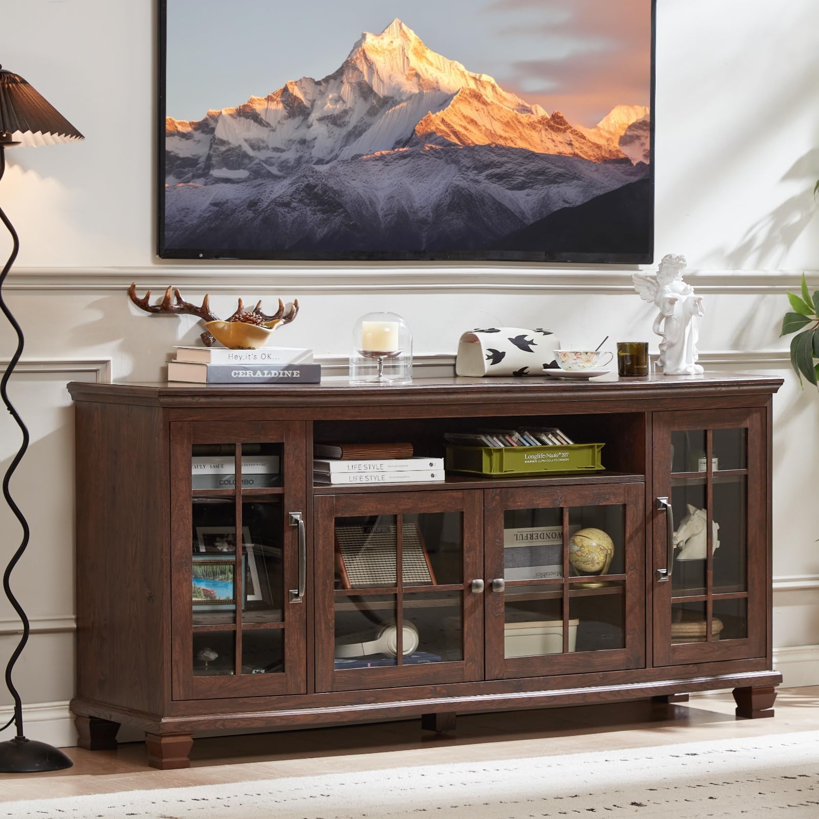 Vintage Walnut Sideboard Buffet Cabinet with Glass Doors