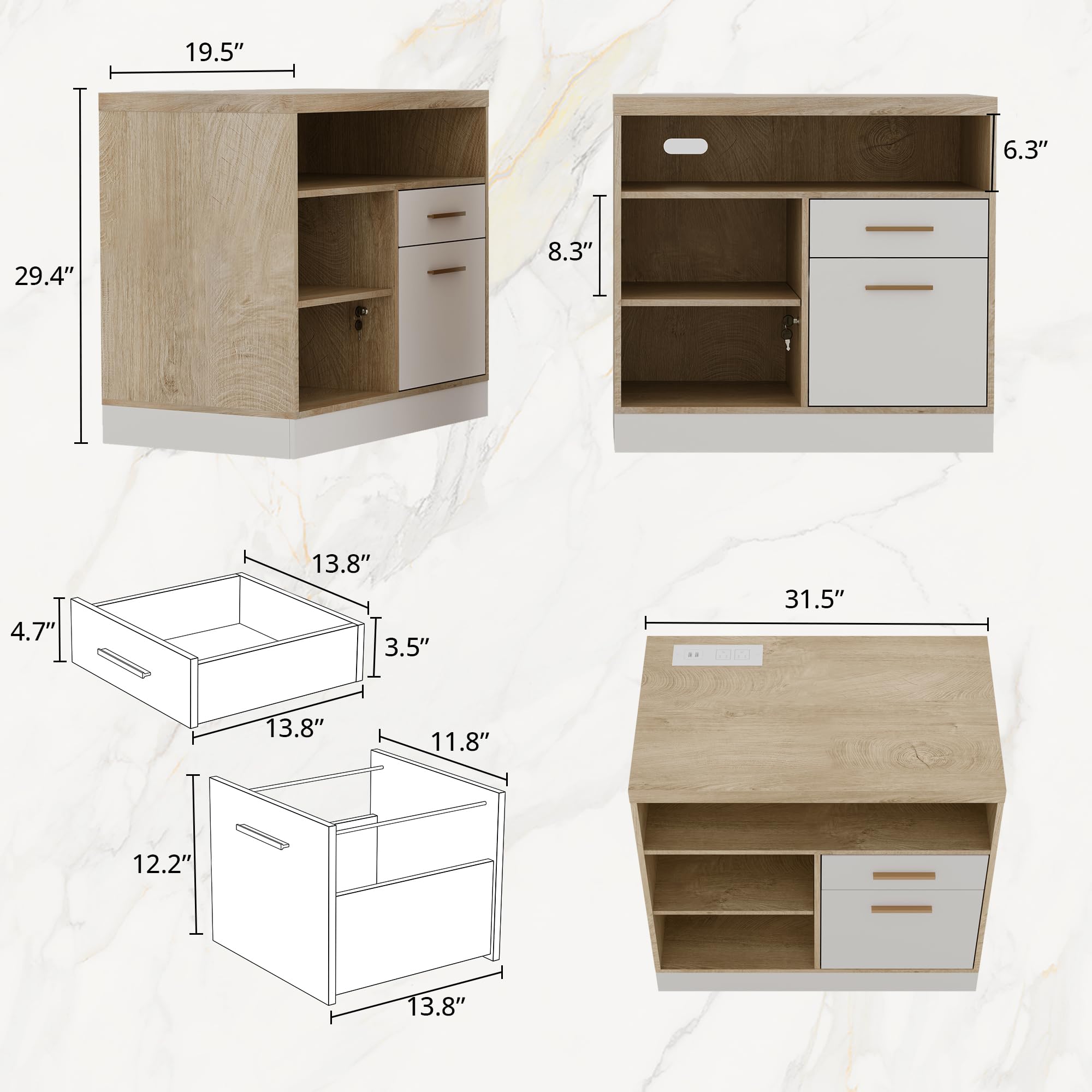 2 Drawer Wood File Cabinet with Lock and Power Outlets