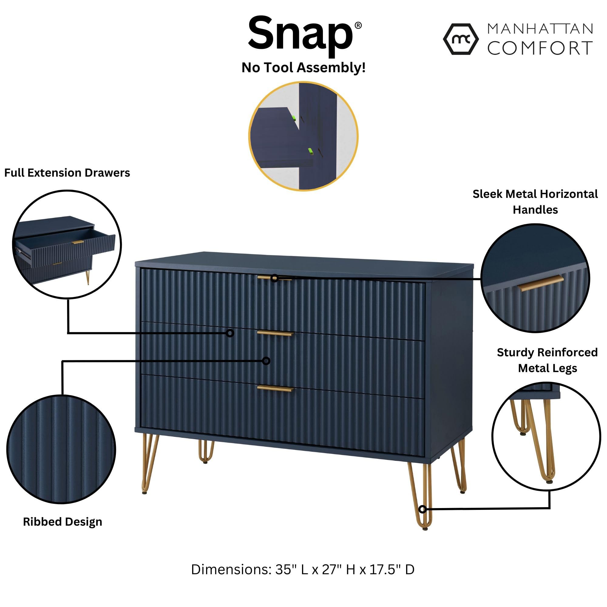 3-Drawer Dresser with Ribbed Front