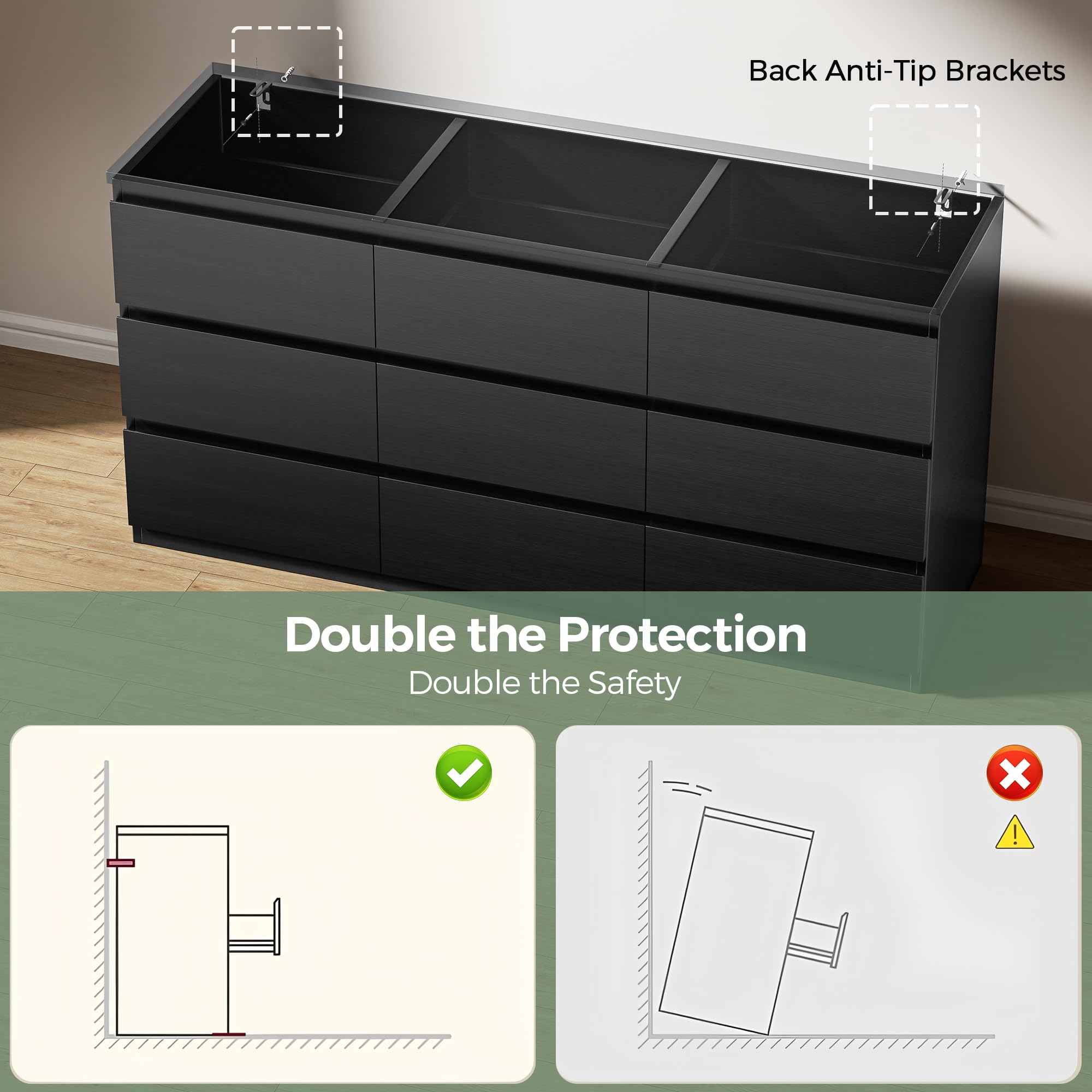 Modern Black 9-Drawer Dresser with Deep Storage