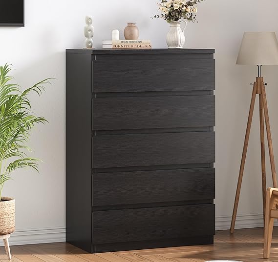 Black Modern 5 Drawer Dresser with Deep Storage