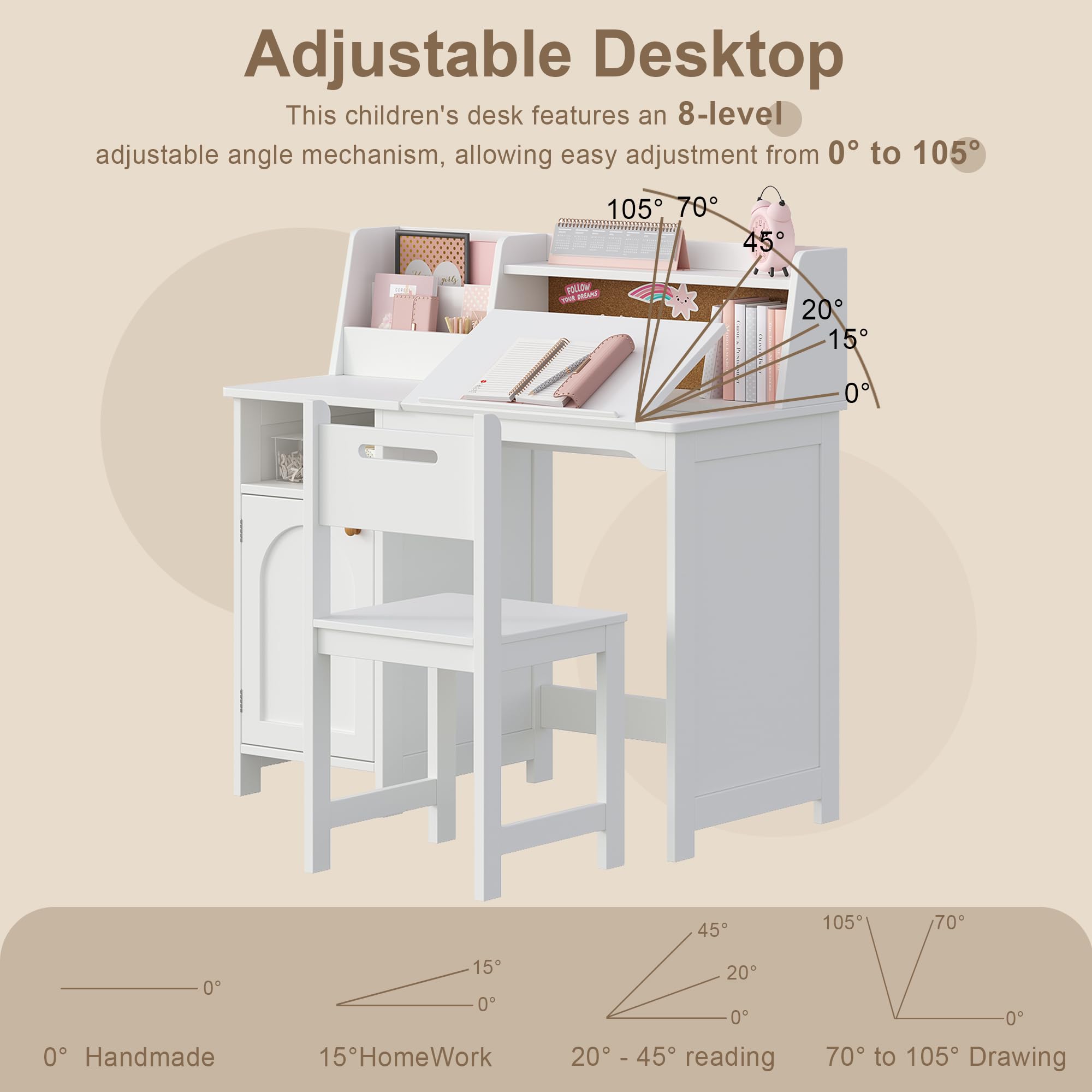 Kids Study Desk and Chair Set with Hutch and Tiltable Desktop