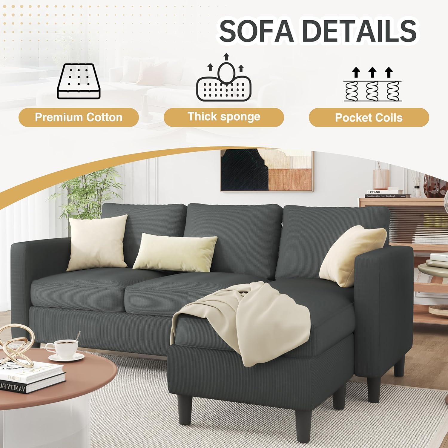 3-Seat Convertible L-Shaped Sectional Sofa with Reversible Ottoman