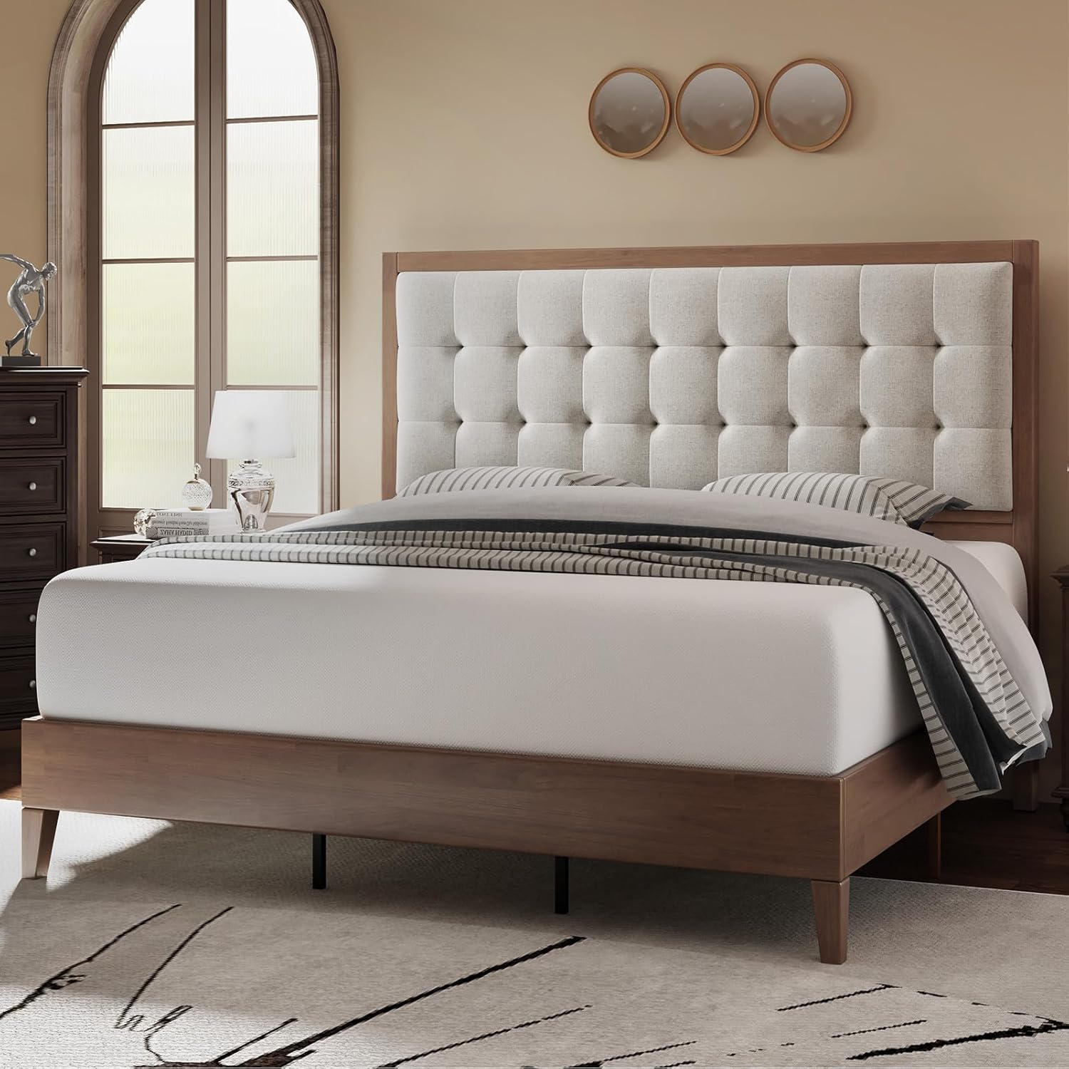 Queen Size Solid Wood Platform Bed Frame with Tall Tufted Headboard