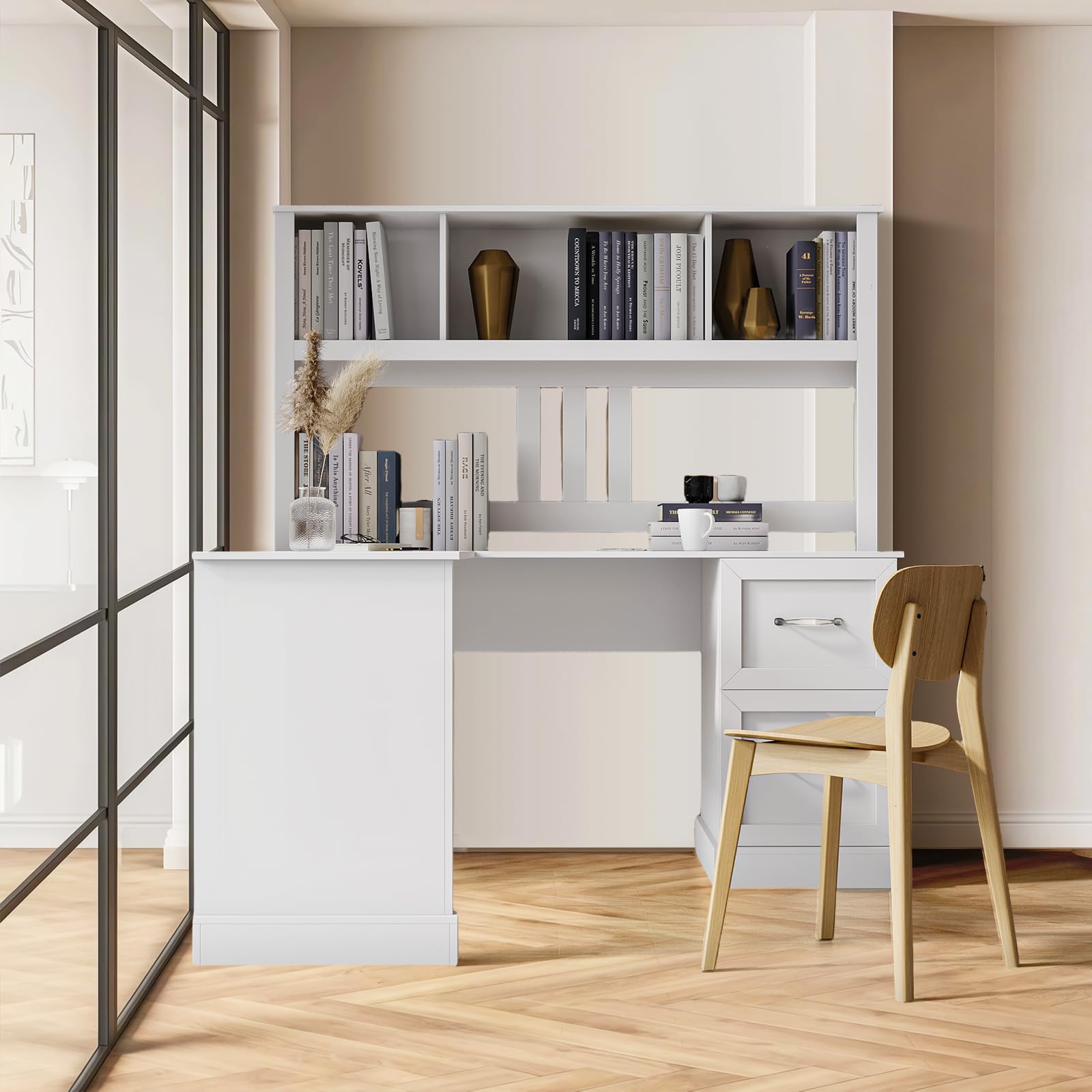 60" L-Shaped Computer Desk with Hutch and 2 Drawers