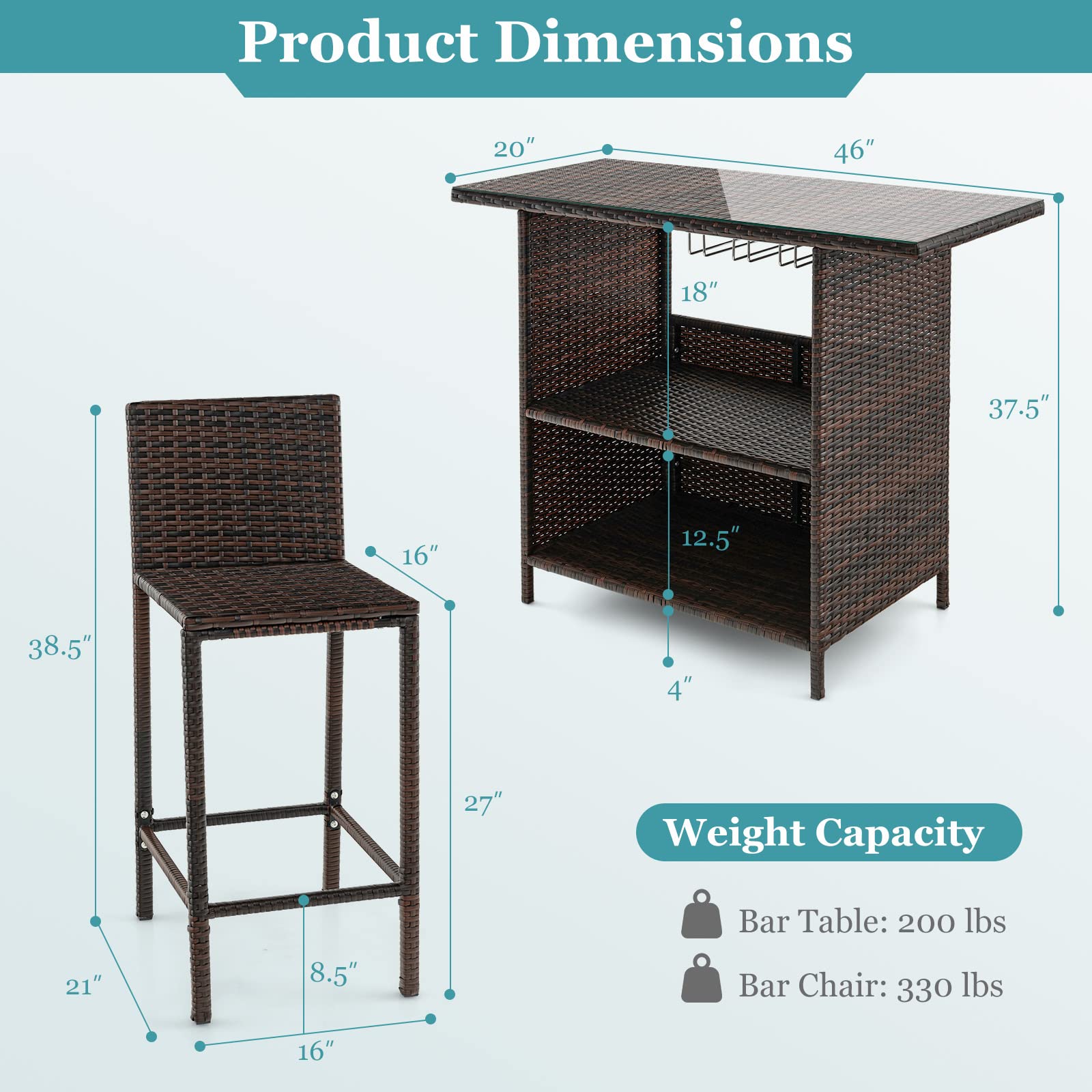 3-Piece Outdoor Bar Set with Stemware Racks