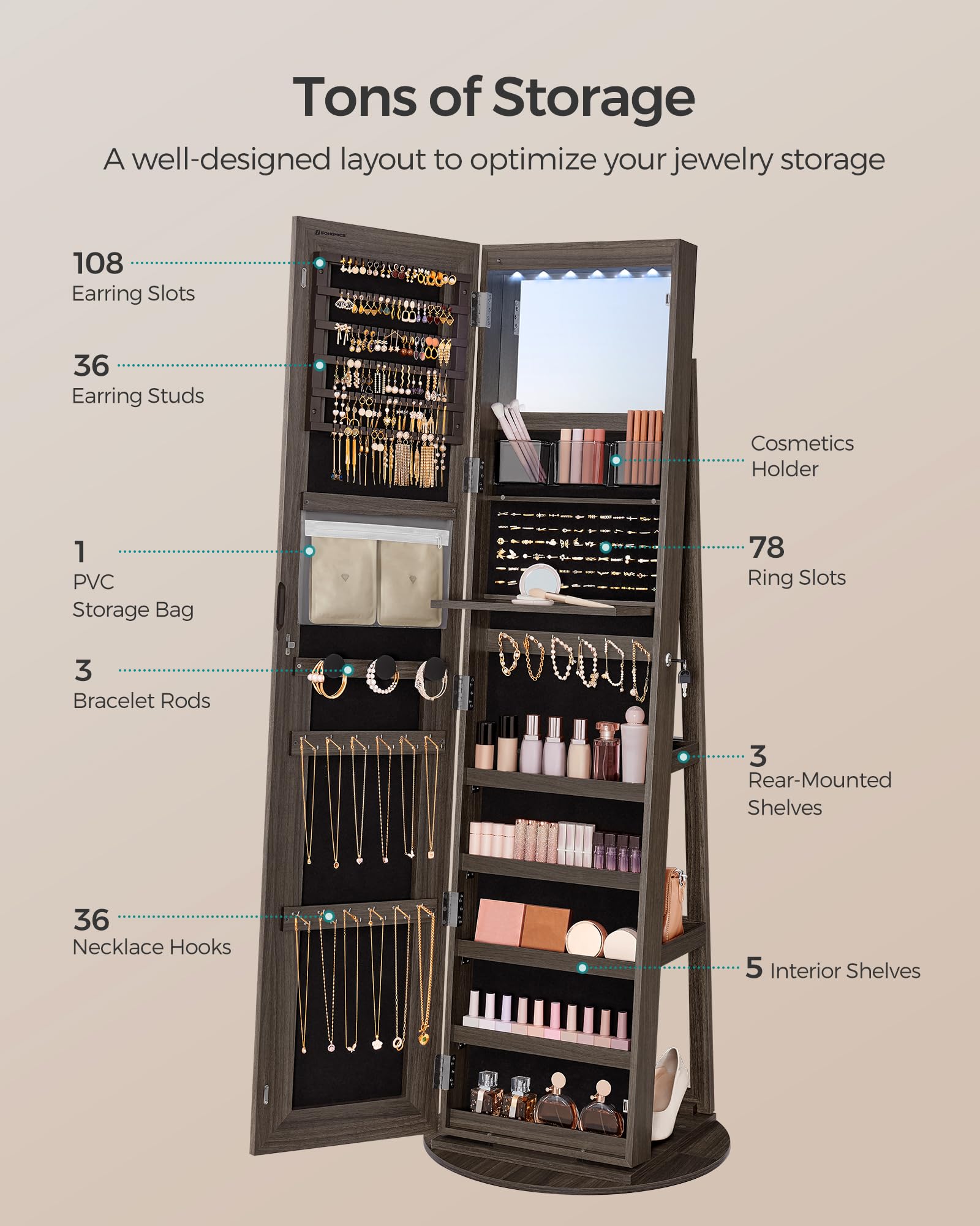 LED Jewelry Cabinet with Full-Length Mirror