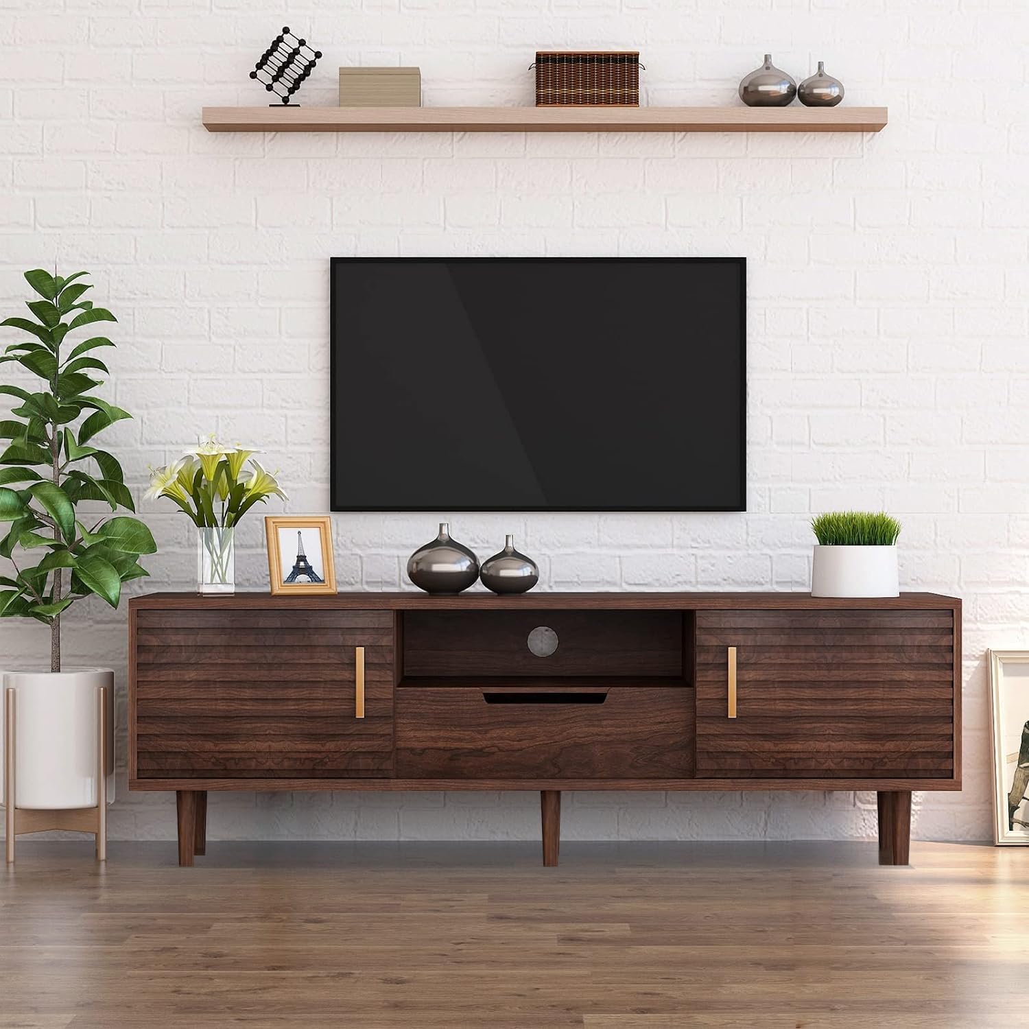 Mid-Century TV Stand 59" with Sliding Doors and Drawer