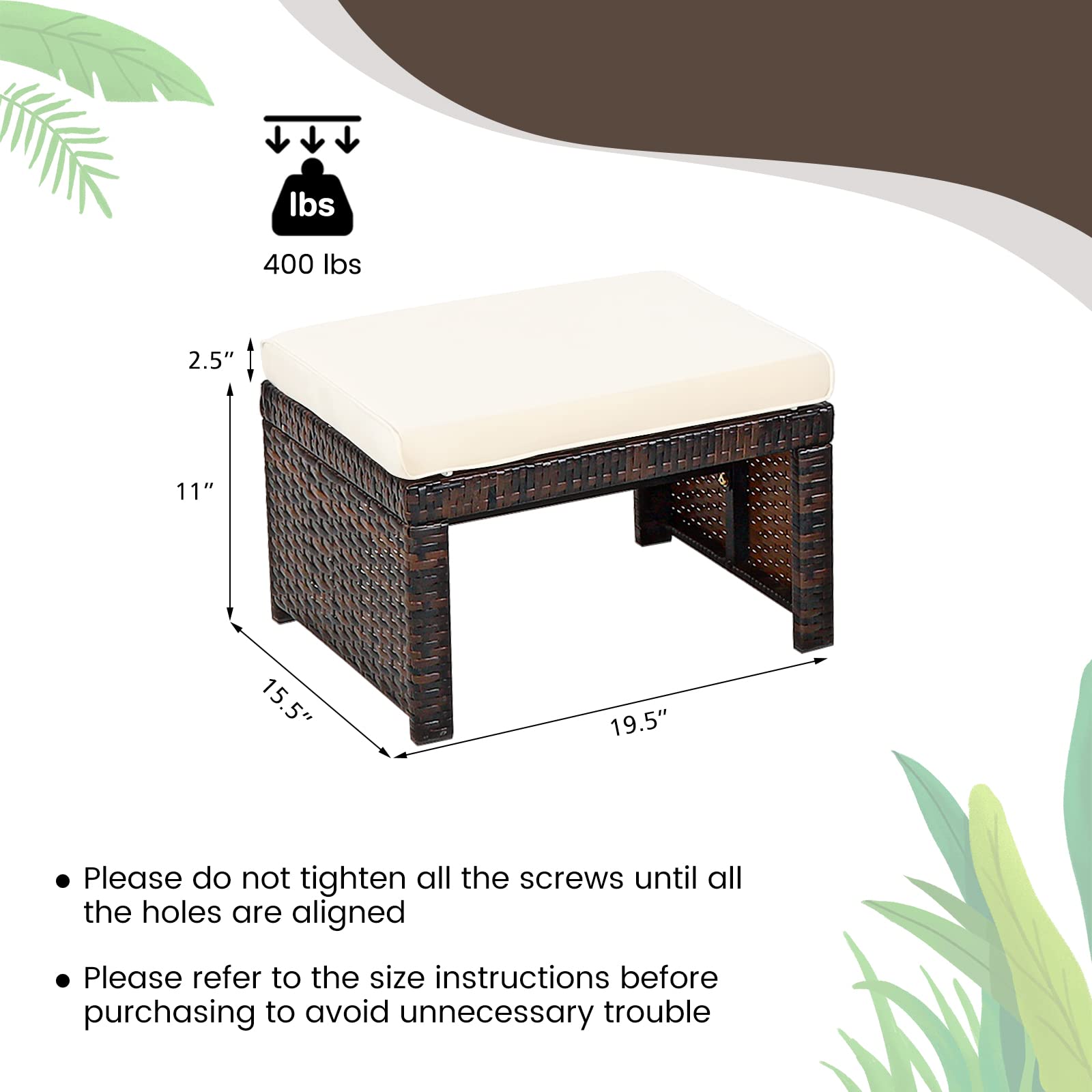 2-Piece Outdoor Wicker Ottomans with Removable Cushions