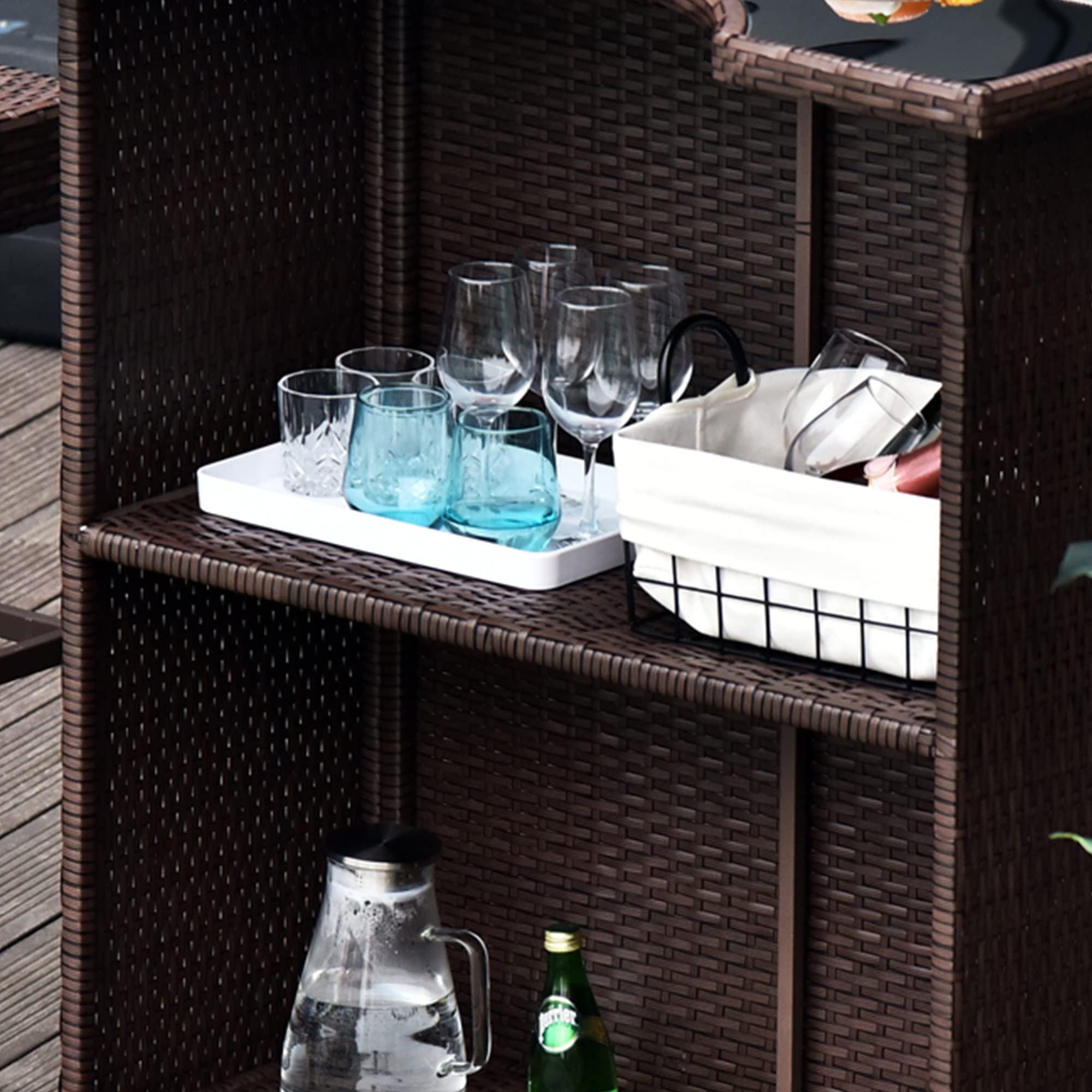 5-Piece Rattan Wicker Bar Set with Glass Top