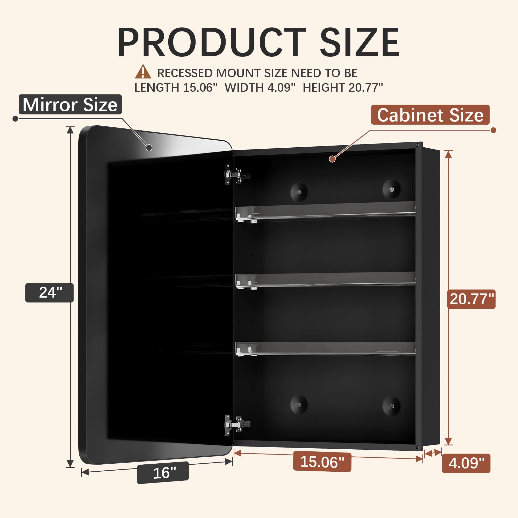 Recessed Medicine Cabinet with Mirror - 16 x 24 Inch Wall Mount Storage
