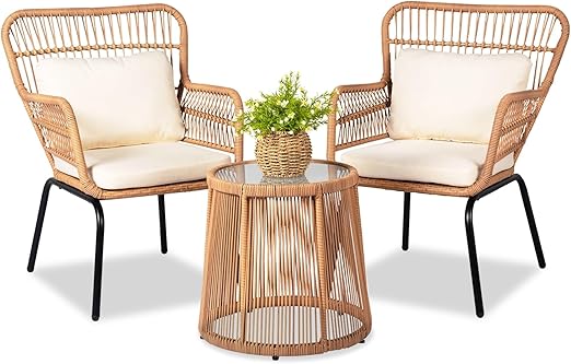 3 Piece Outdoor Wicker Bistro Set with Cushions