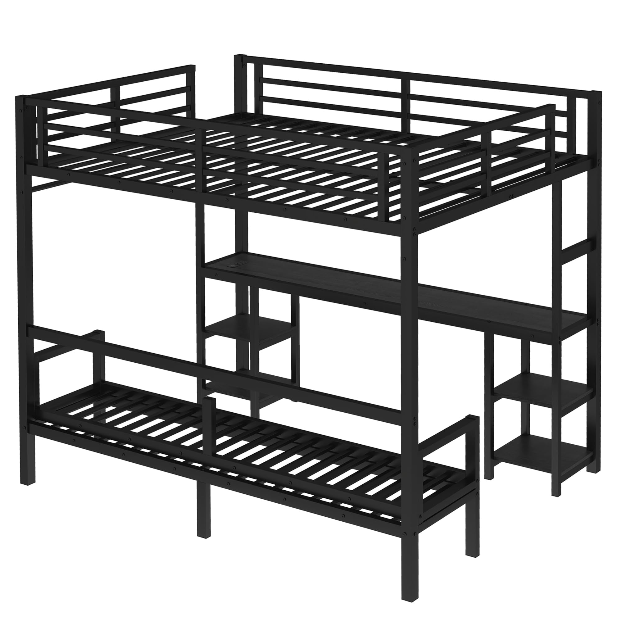 Metal Bunk Bed with Desk and Shelves Queen Over Twin XL