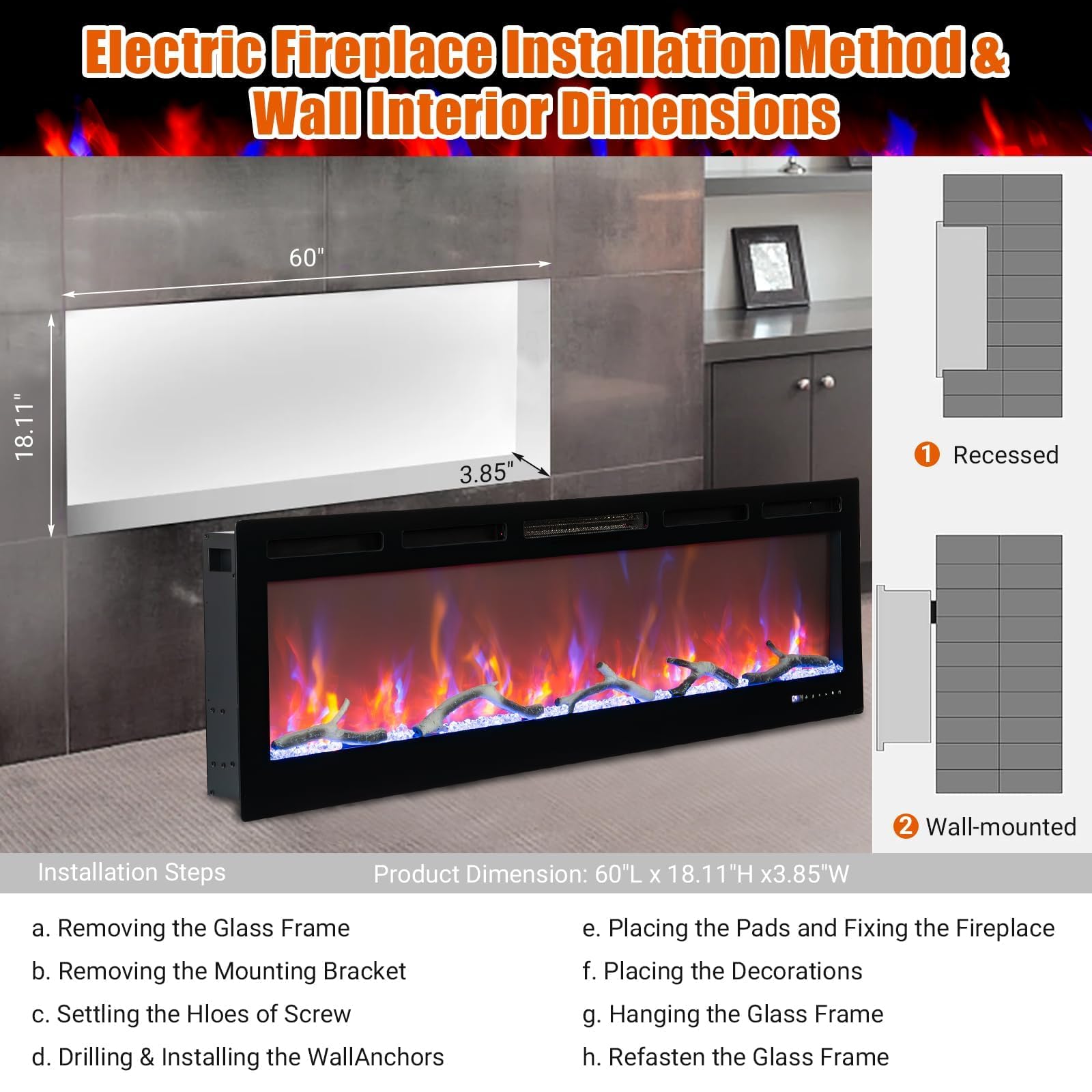 50" Wall Mount Electric Fireplace with Remote