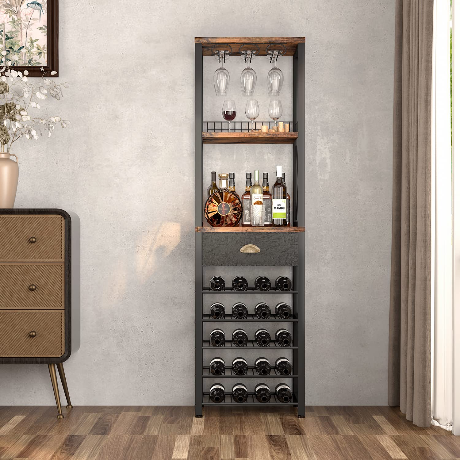 4-Tier Wine Rack Floor Cabinet with Glass Holder and Storage Drawer