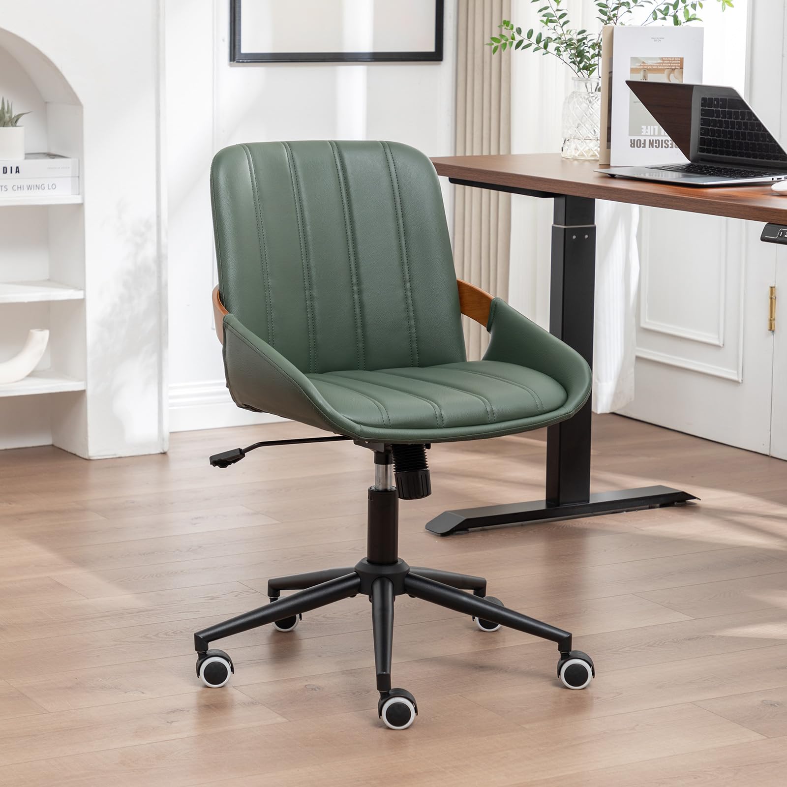 PU Leather Desk Chair with Wheels - Adjustable Height Swivel Office Chair