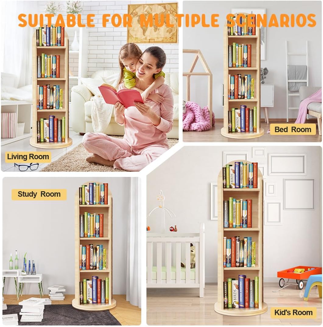 Kids Rotating Bookshelf with Mirror 48 Inch Wood Floor Standing