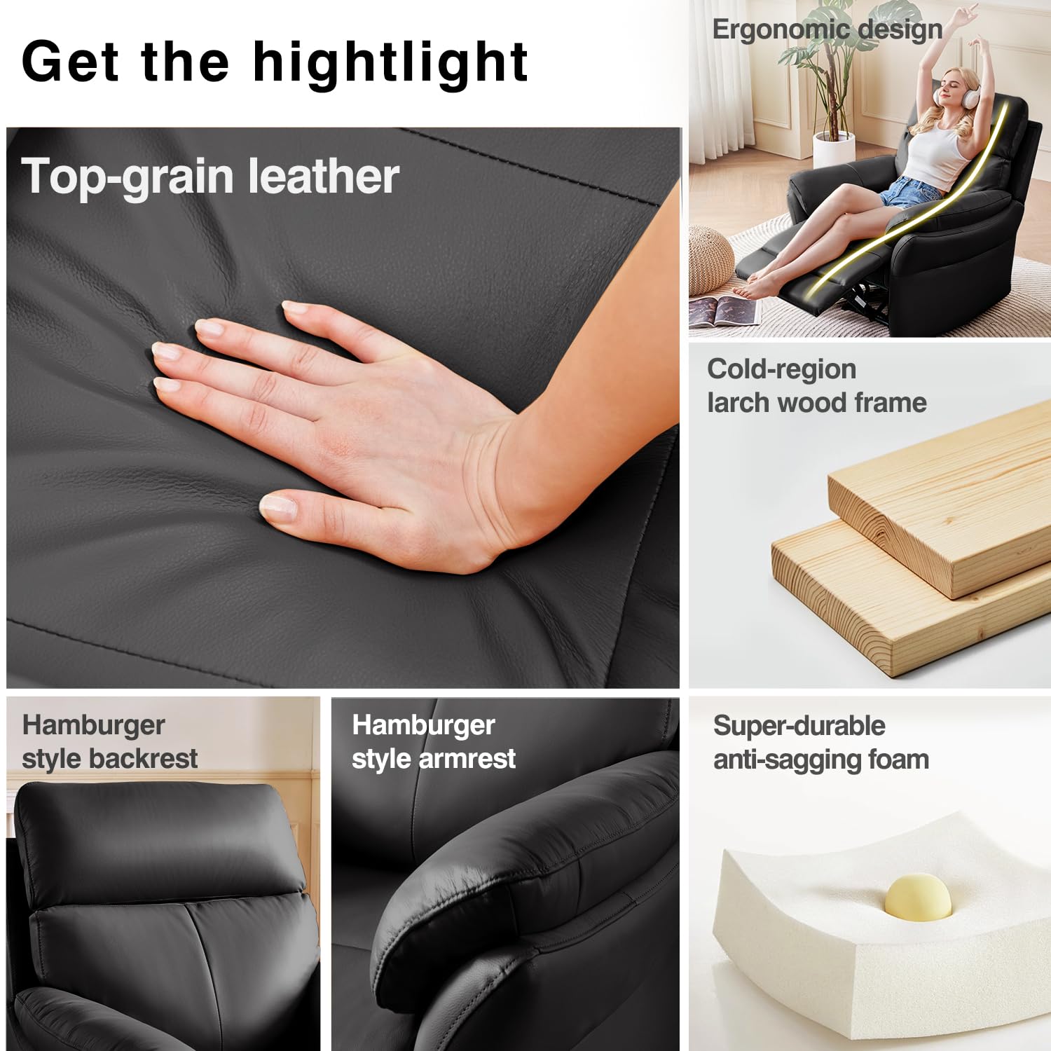 AIRSKY Genuine Leather Recliner Chair, Top Grain Leather, Italian Water-Washing Process, Reclining Sofa Chair for Reading, Single Sofas for Living Room, Theater Seating, Bedroom. Black,R1