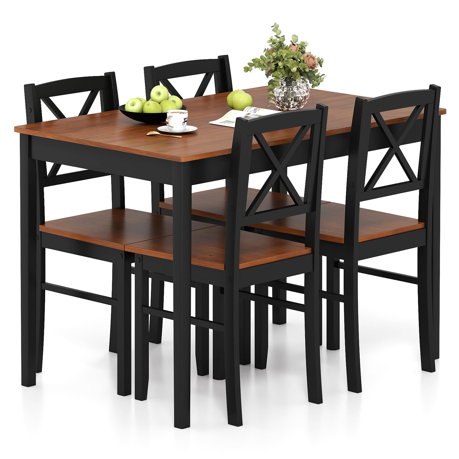 5-Piece Dining Table Set for 4 with Cross Backrest Chairs
