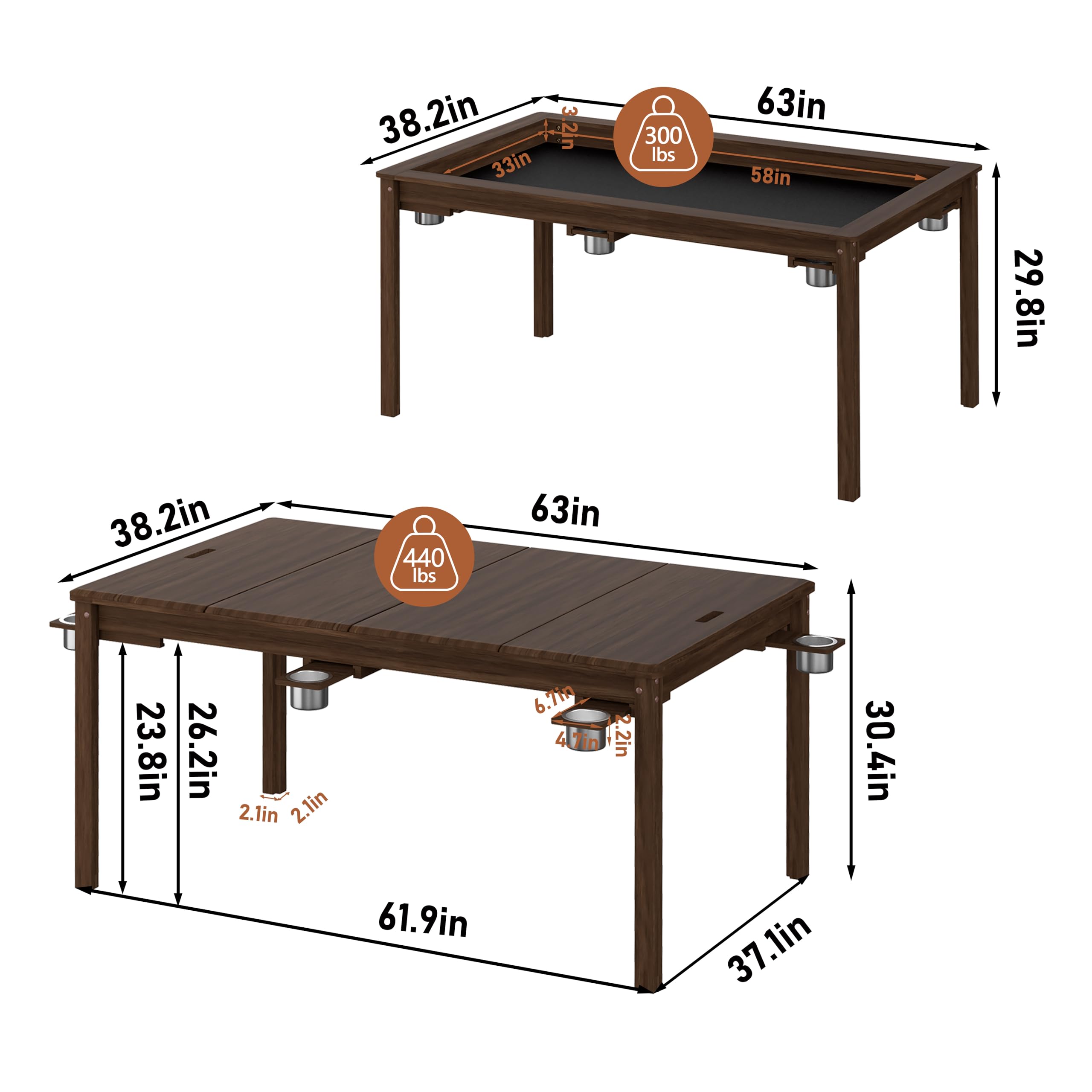 Solid Wood Board Game Table 63"W x 38.2"D x 30.4"H
